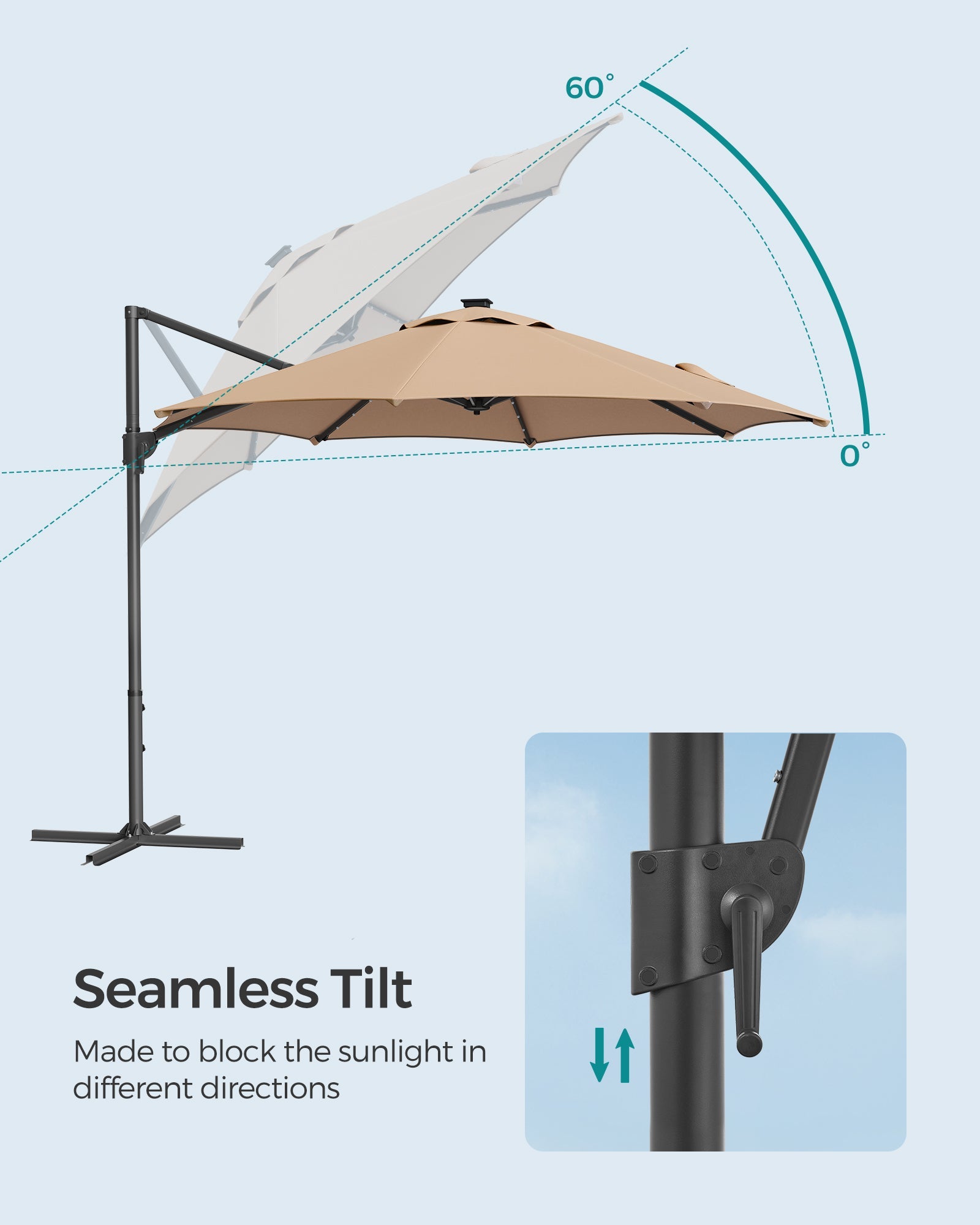 Garden Parasol Umbrella – Fabric – Camel Brown – 3 m, UPF 50+, Solar Powered LED Lights, 360° Swivel, Seamless Tilt, Crank Opening