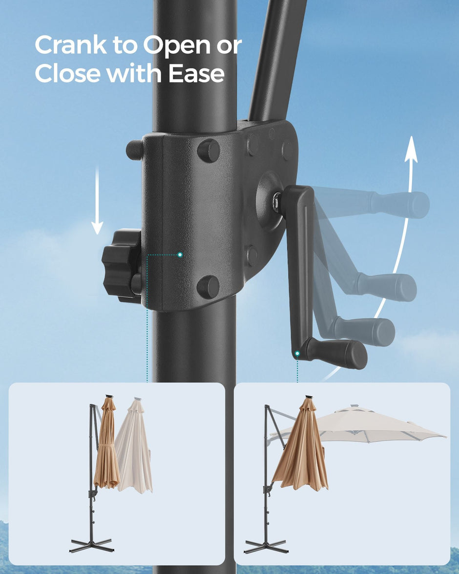 Garden Parasol Umbrella – Fabric – Camel Brown – 3 m, UPF 50+, Solar Powered LED Lights, 360° Swivel, Seamless Tilt, Crank Opening