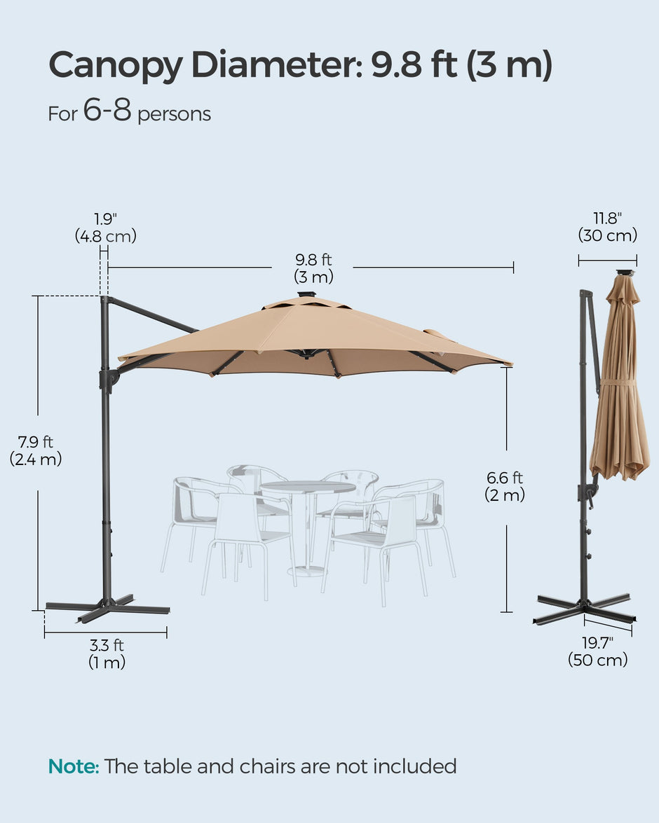 Garden Parasol Umbrella – Fabric – Camel Brown – 3 m, UPF 50+, Solar Powered LED Lights, 360° Swivel, Seamless Tilt, Crank Opening