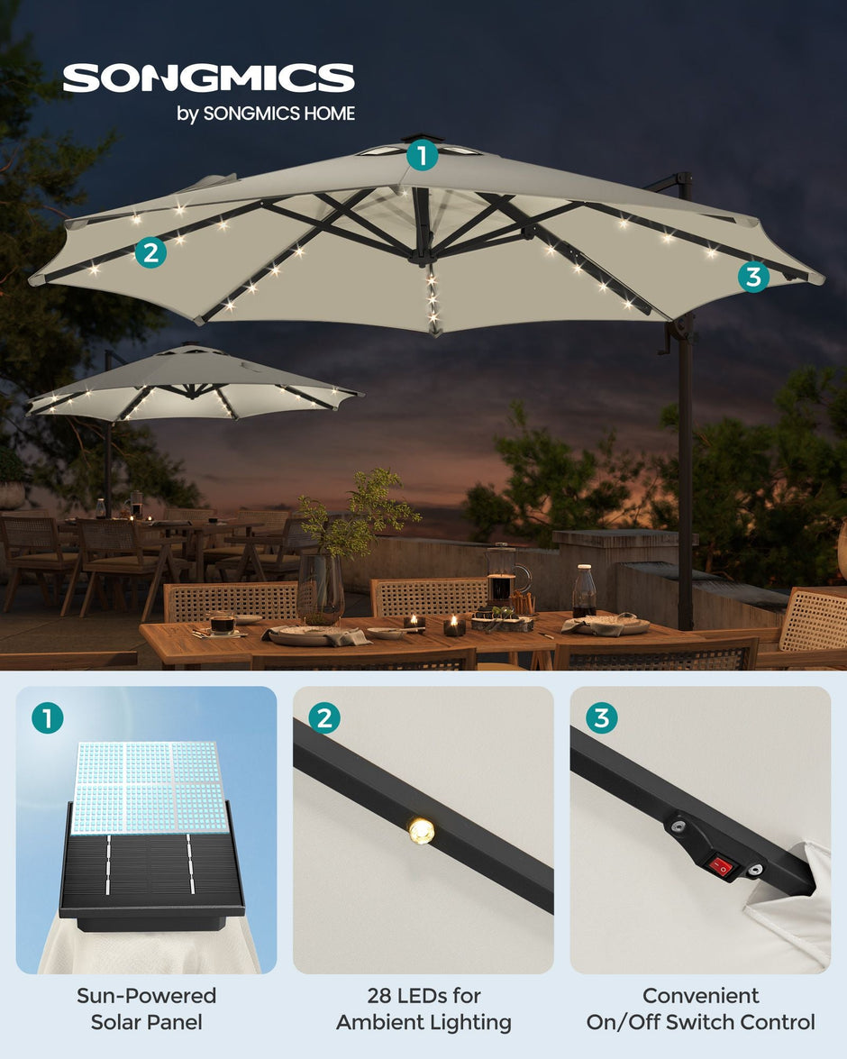 Garden Parasol Umbrella – Fabric – Multicolor – 28 Solar Powered LED Lights, UPF 50+, 360° Swivel, Seamless Tilt, Crank for Opening and Closing