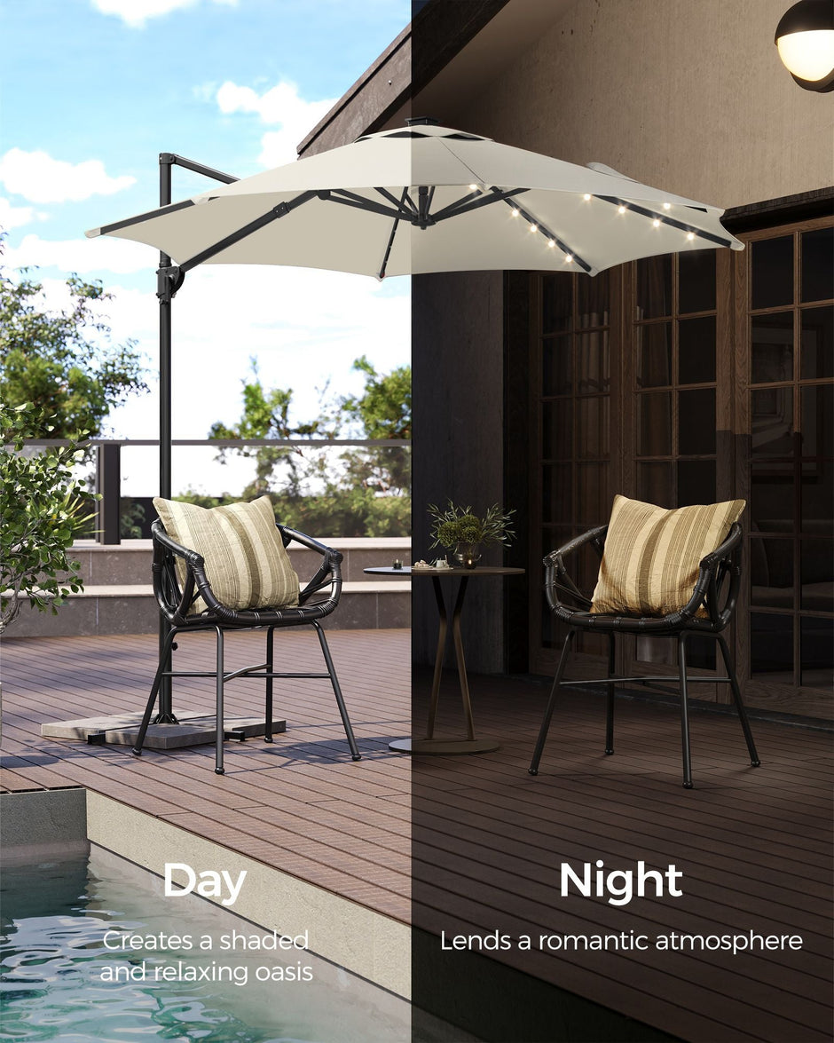 Garden Parasol Umbrella – Fabric – Multicolor – 28 Solar Powered LED Lights, UPF 50+, 360° Swivel, Seamless Tilt, Crank for Opening and Closing