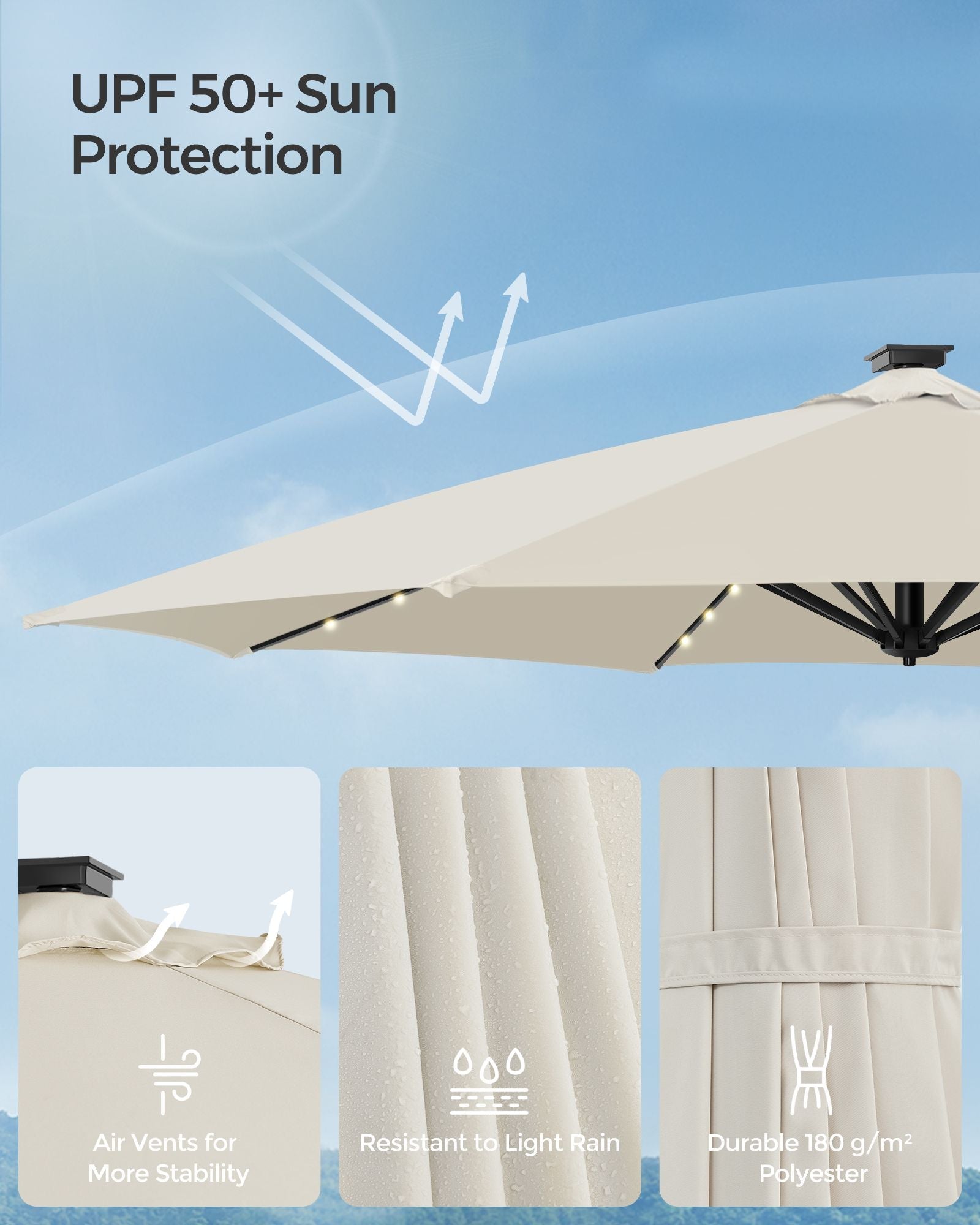 Garden Parasol Umbrella – Fabric – Multicolor – 28 Solar Powered LED Lights, UPF 50+, 360° Swivel, Seamless Tilt, Crank for Opening and Closing
