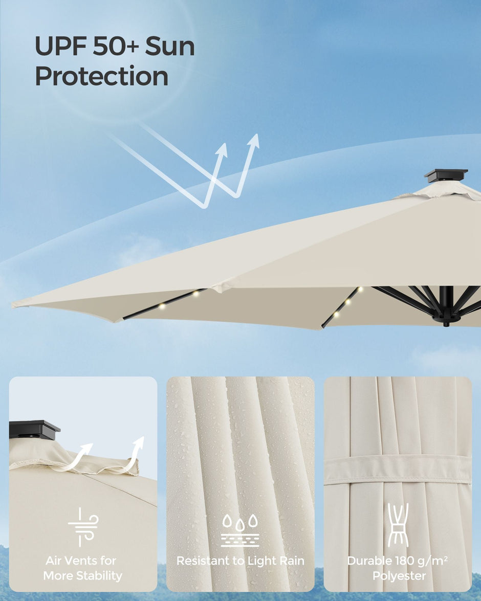 Garden Parasol Umbrella – Fabric – Multicolor – 28 Solar Powered LED Lights, UPF 50+, 360° Swivel, Seamless Tilt, Crank for Opening and Closing