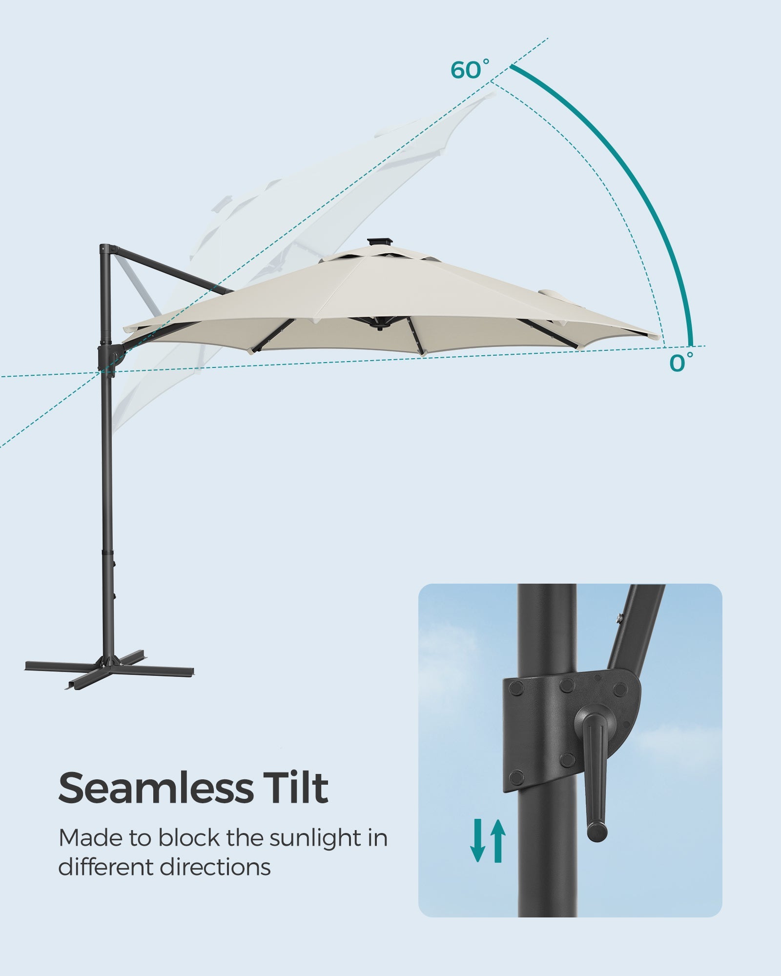 Garden Parasol Umbrella – Fabric – Multicolor – 28 Solar Powered LED Lights, UPF 50+, 360° Swivel, Seamless Tilt, Crank for Opening and Closing