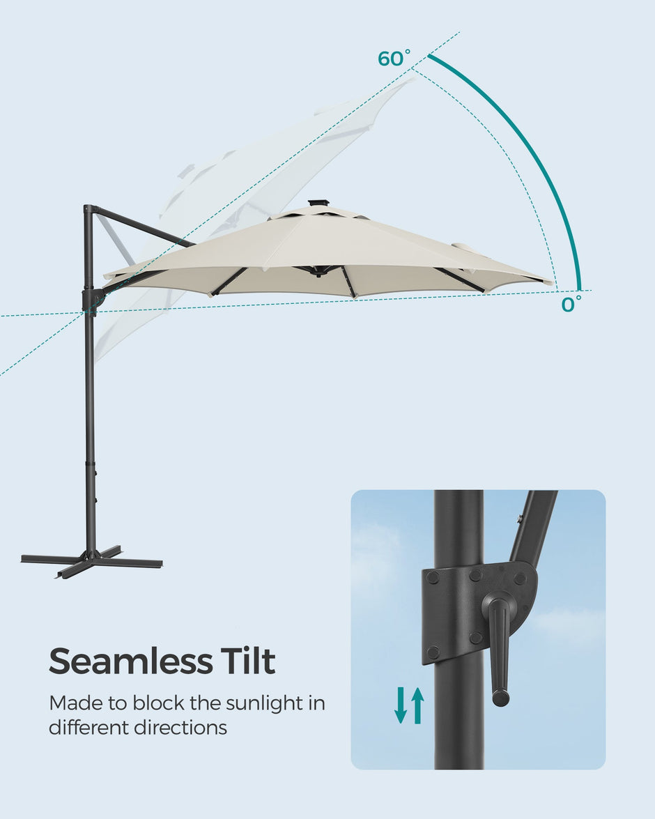Garden Parasol Umbrella – Fabric – Multicolor – 28 Solar Powered LED Lights, UPF 50+, 360° Swivel, Seamless Tilt, Crank for Opening and Closing
