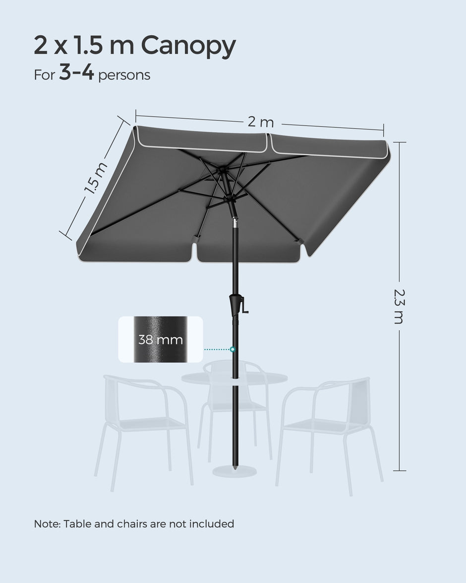Patio Umbrella - 2 x 1.5m - Steel Frame - UPF 50+ - 30° Tilt in 2 Directions