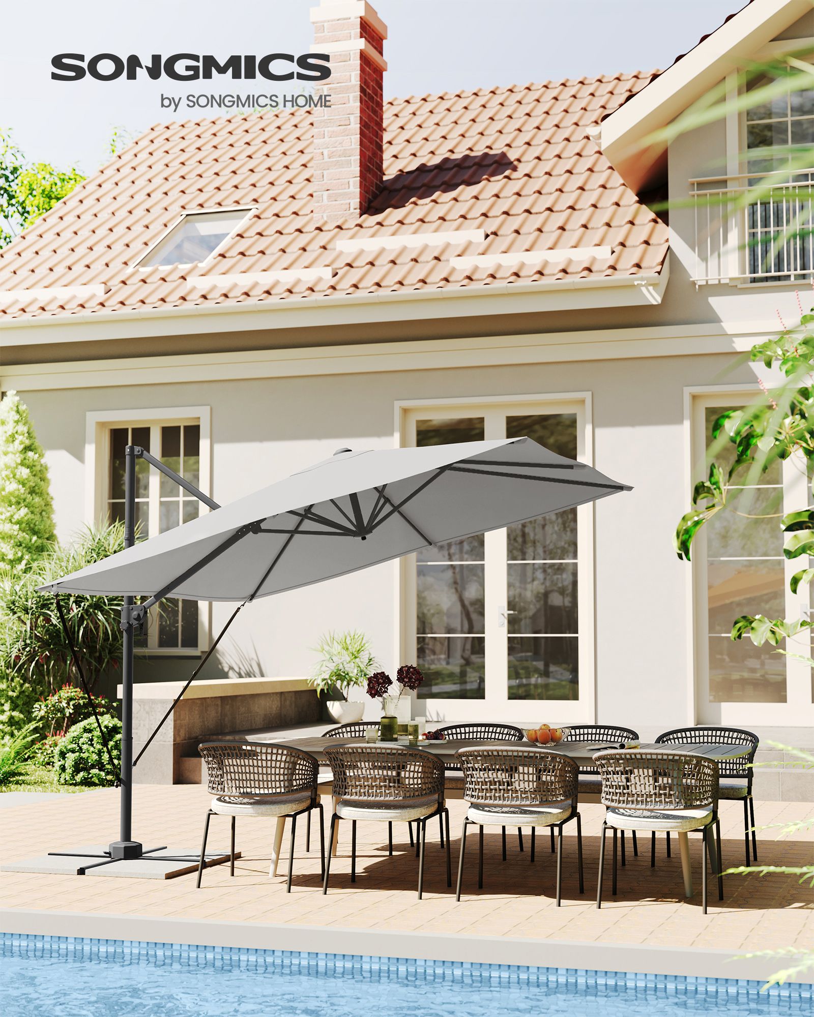 Cantilever Garden Parasol – Fabric – Dove Grey – UPF 50+, 360° Swivel, Seamless Tilt, Crank Mechanism
