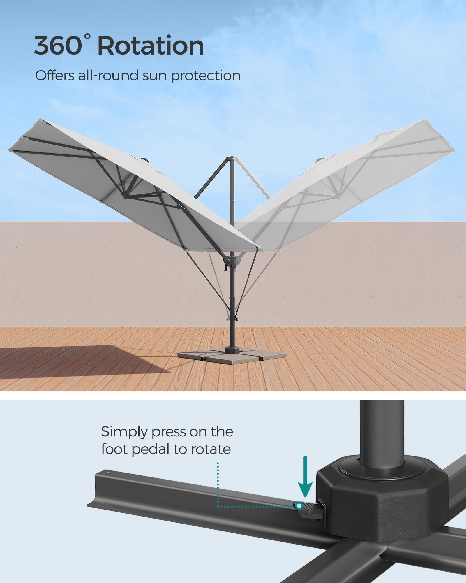 Cantilever Garden Parasol – Fabric – Dove Grey – UPF 50+, 360° Swivel, Seamless Tilt, Crank Mechanism