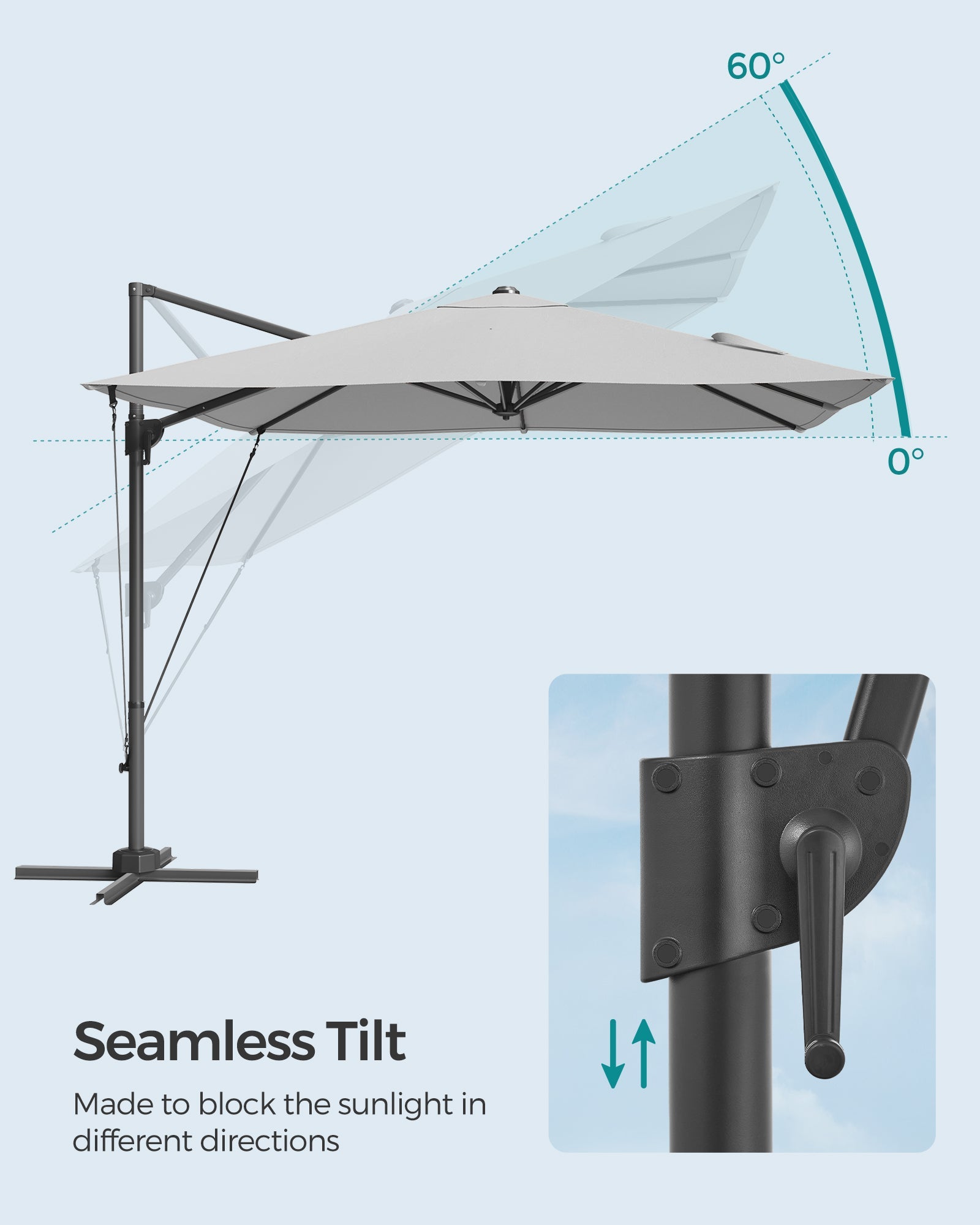 Cantilever Garden Parasol – Fabric – Dove Grey – UPF 50+, 360° Swivel, Seamless Tilt, Crank Mechanism