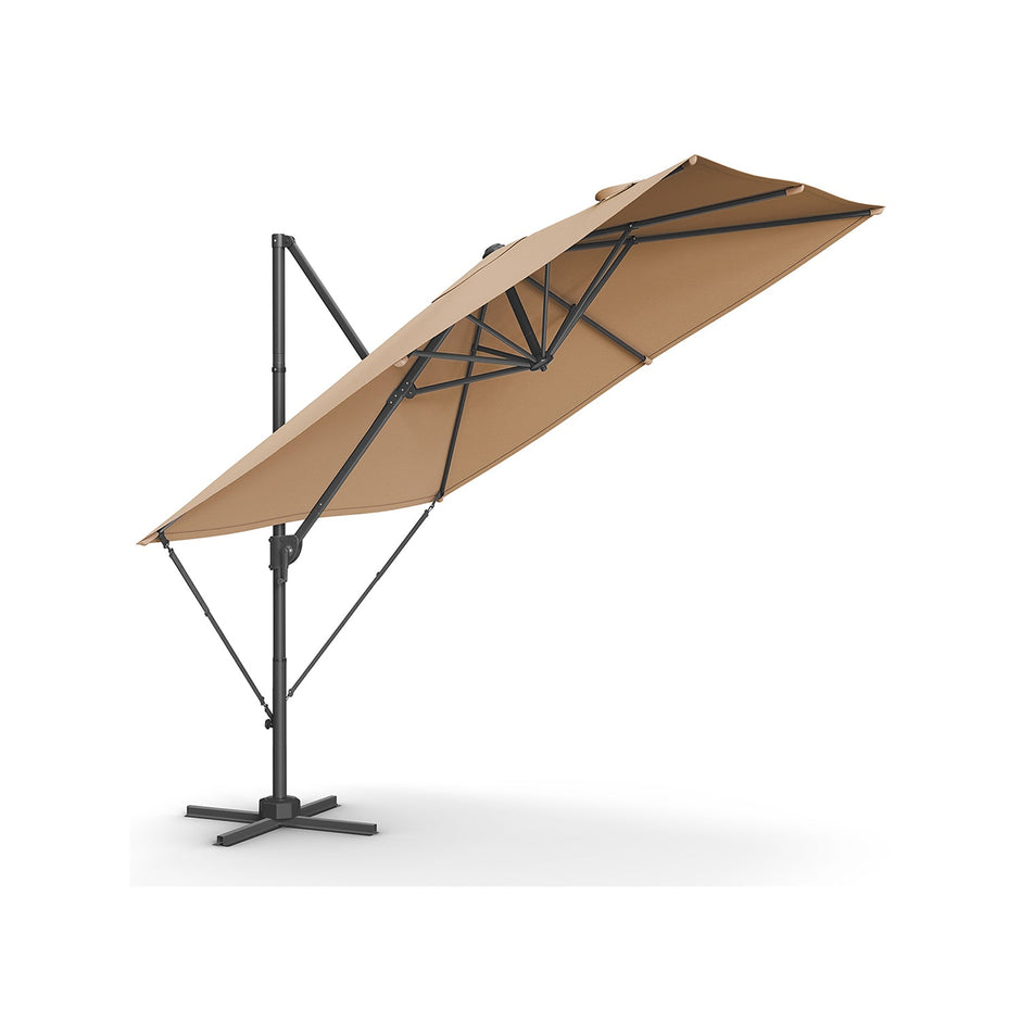 Cantilever Garden Parasol – Fabric – Camel Brown – UPF 50+, 360° Swivel, Seamless Tilt, Crank System