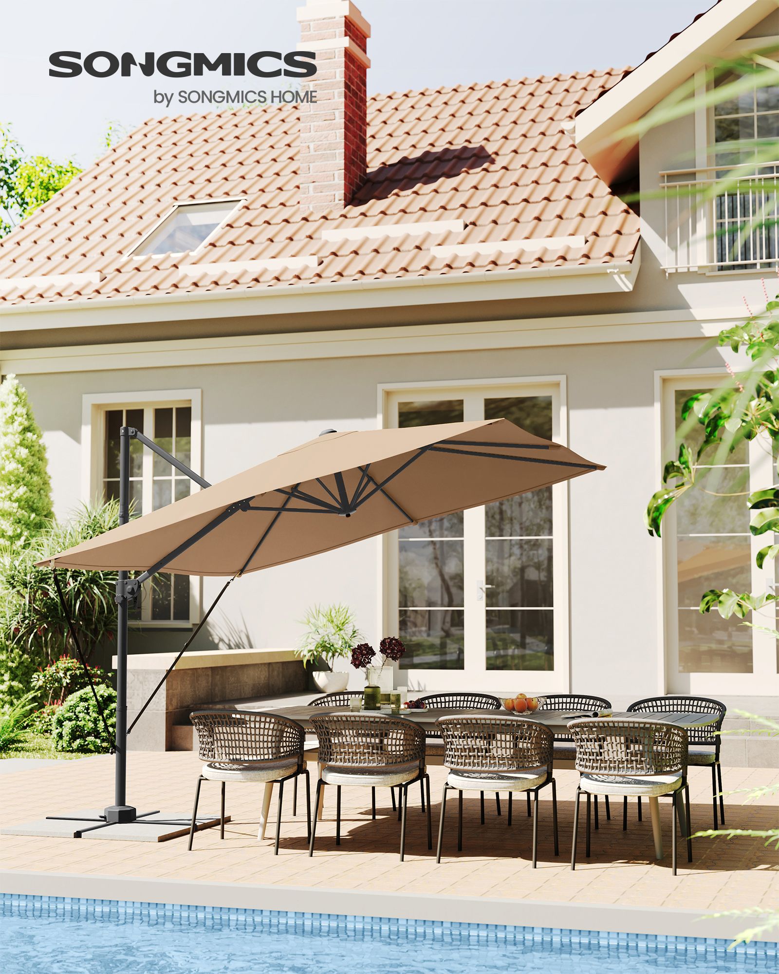 Cantilever Garden Parasol – Fabric – Camel Brown – UPF 50+, 360° Swivel, Seamless Tilt, Crank System