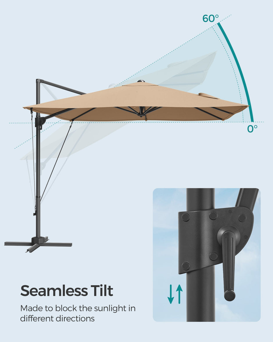 Cantilever Garden Parasol – Fabric – Camel Brown – UPF 50+, 360° Swivel, Seamless Tilt, Crank System