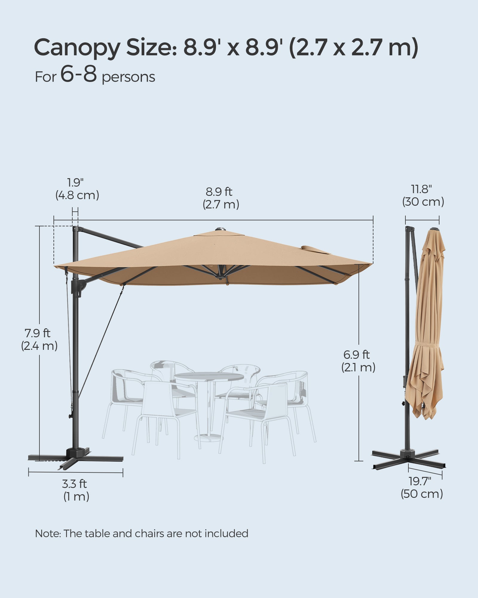 Cantilever Garden Parasol – Fabric – Camel Brown – UPF 50+, 360° Swivel, Seamless Tilt, Crank System