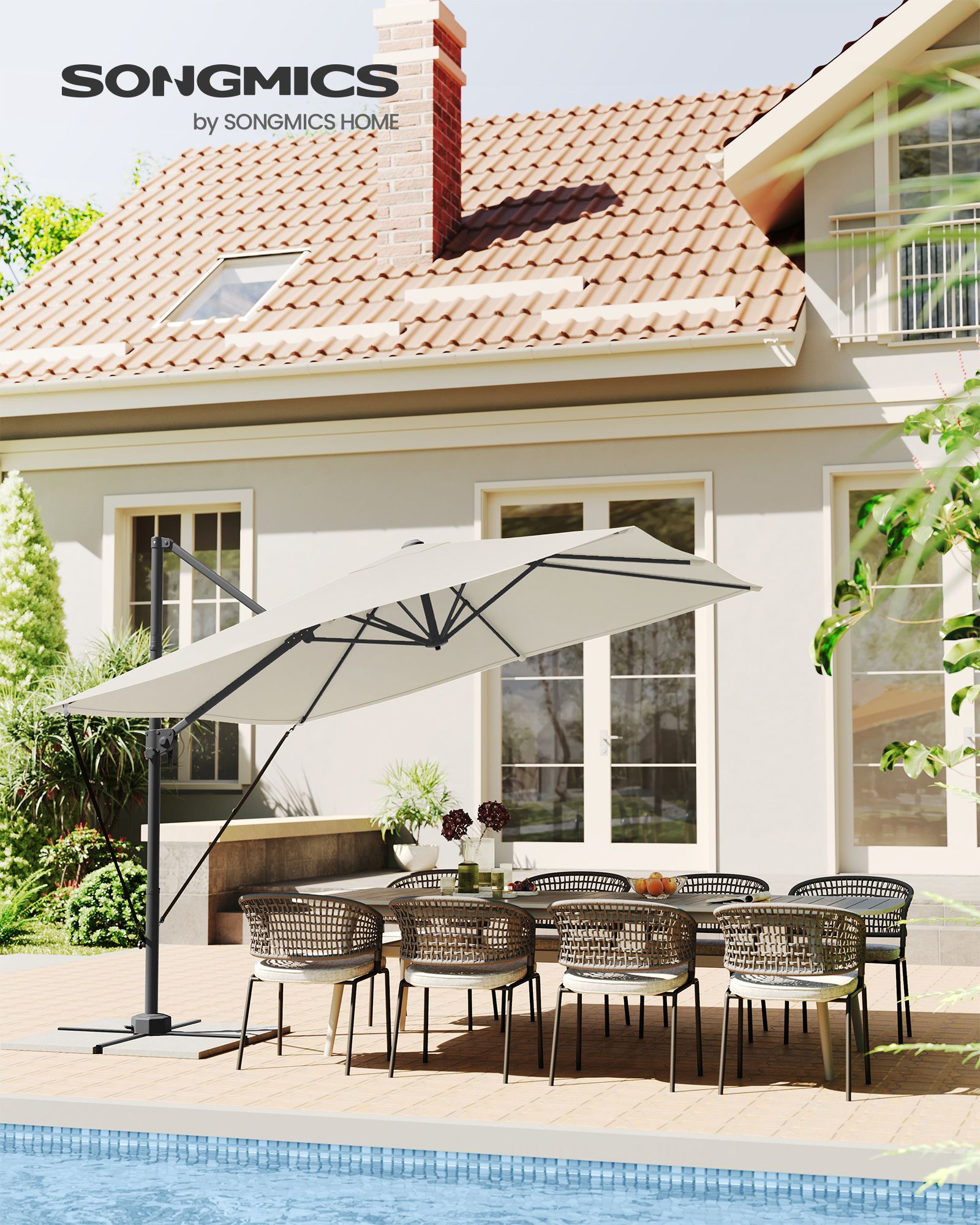 Cantilever Garden Parasol – Fabric – 2.7 x 2.7 m – UPF 50+, 360° Swivel, Seamless Tilt, Crank Mechanism