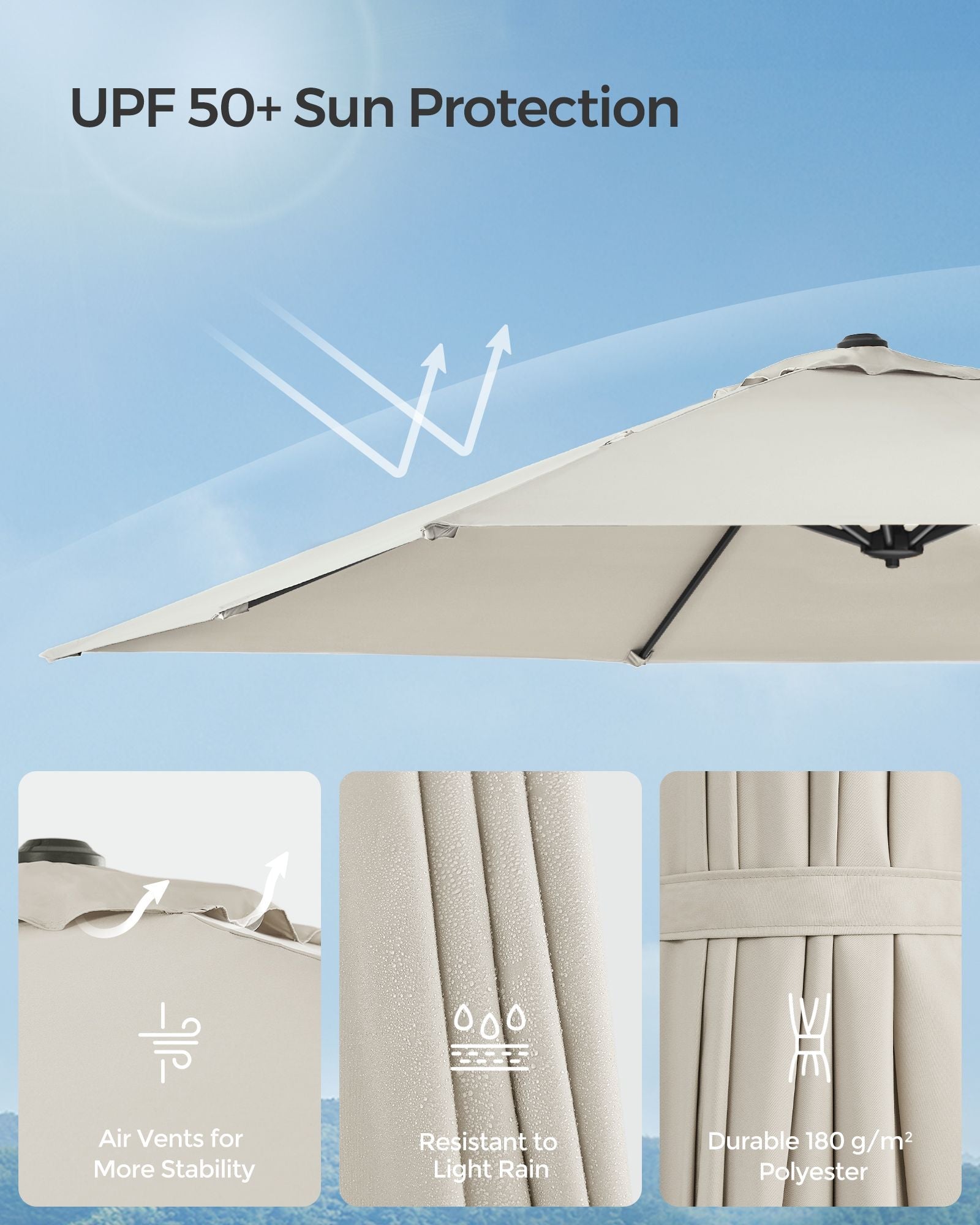 Cantilever Garden Parasol – Fabric – 2.7 x 2.7 m – UPF 50+, 360° Swivel, Seamless Tilt, Crank Mechanism