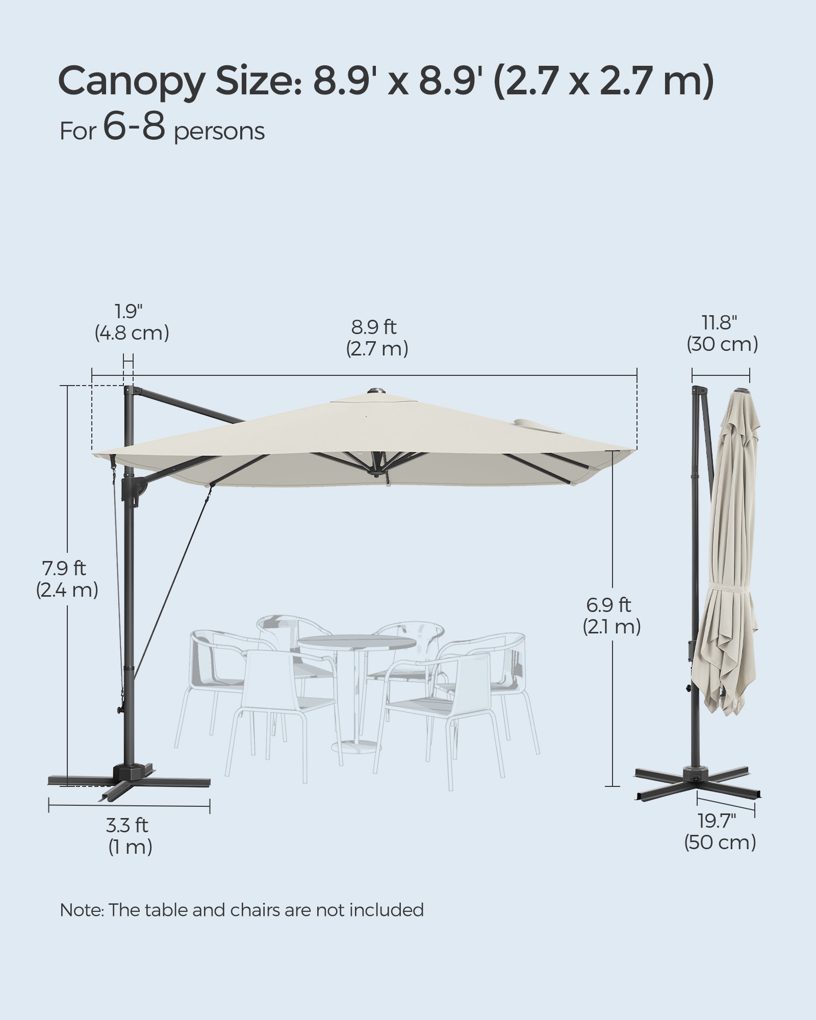 Cantilever Garden Parasol – Fabric – 2.7 x 2.7 m – UPF 50+, 360° Swivel, Seamless Tilt, Crank Mechanism