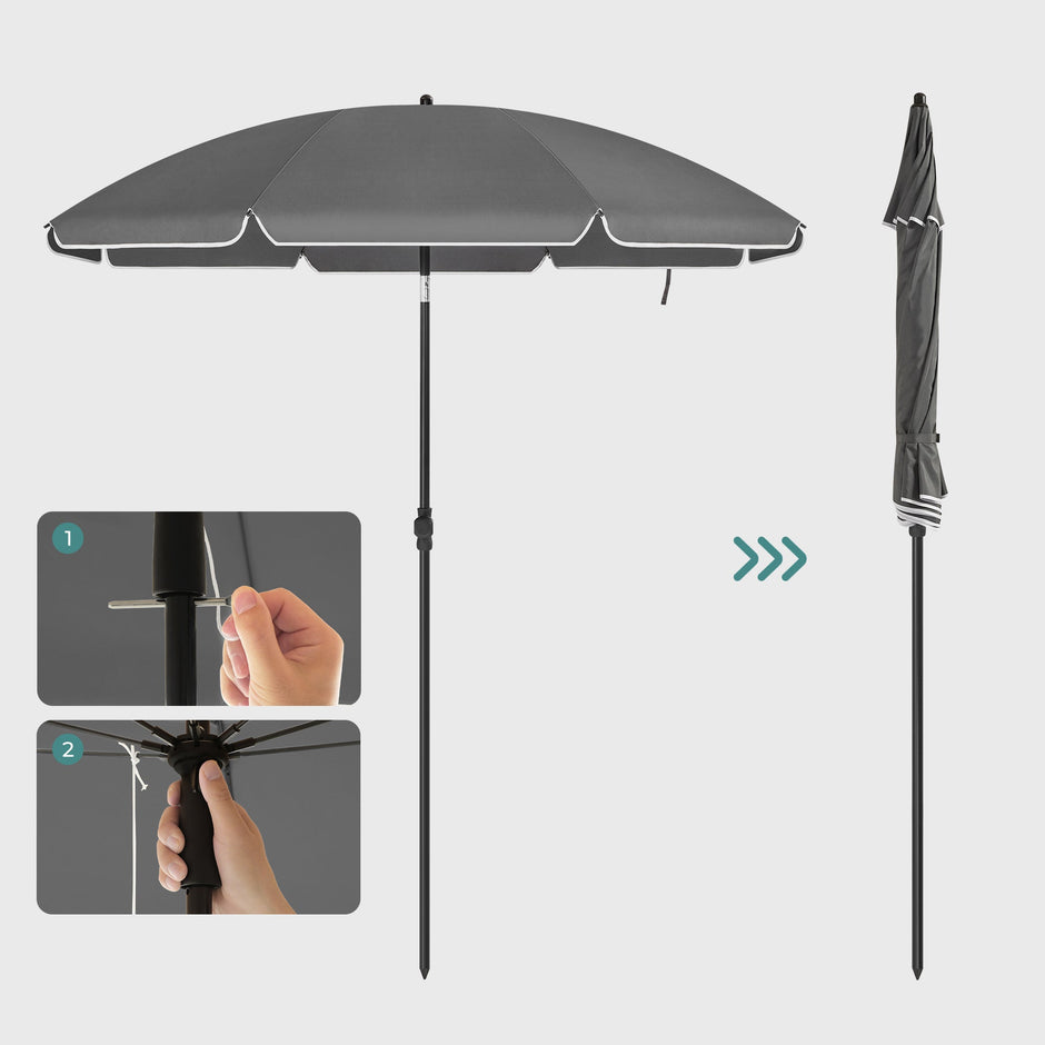 Beach Umbrella – Polyester – Grey – UPF 50+ Sun Protection with Tilt Mechanism