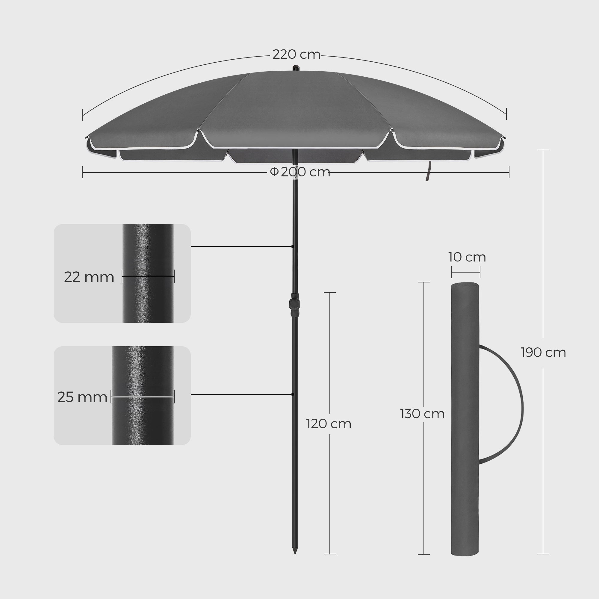 Beach Umbrella – Polyester – Taupe – Portable with UPF 50+ Sun Protection and Tilt Mechanism