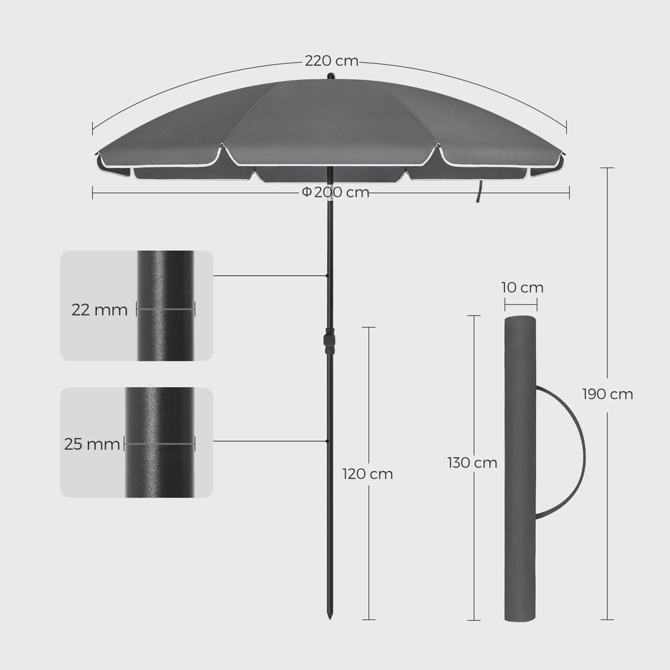 Beach Umbrella – Polyester – Taupe – Portable with UPF 50+ Sun Protection and Tilt Mechanism