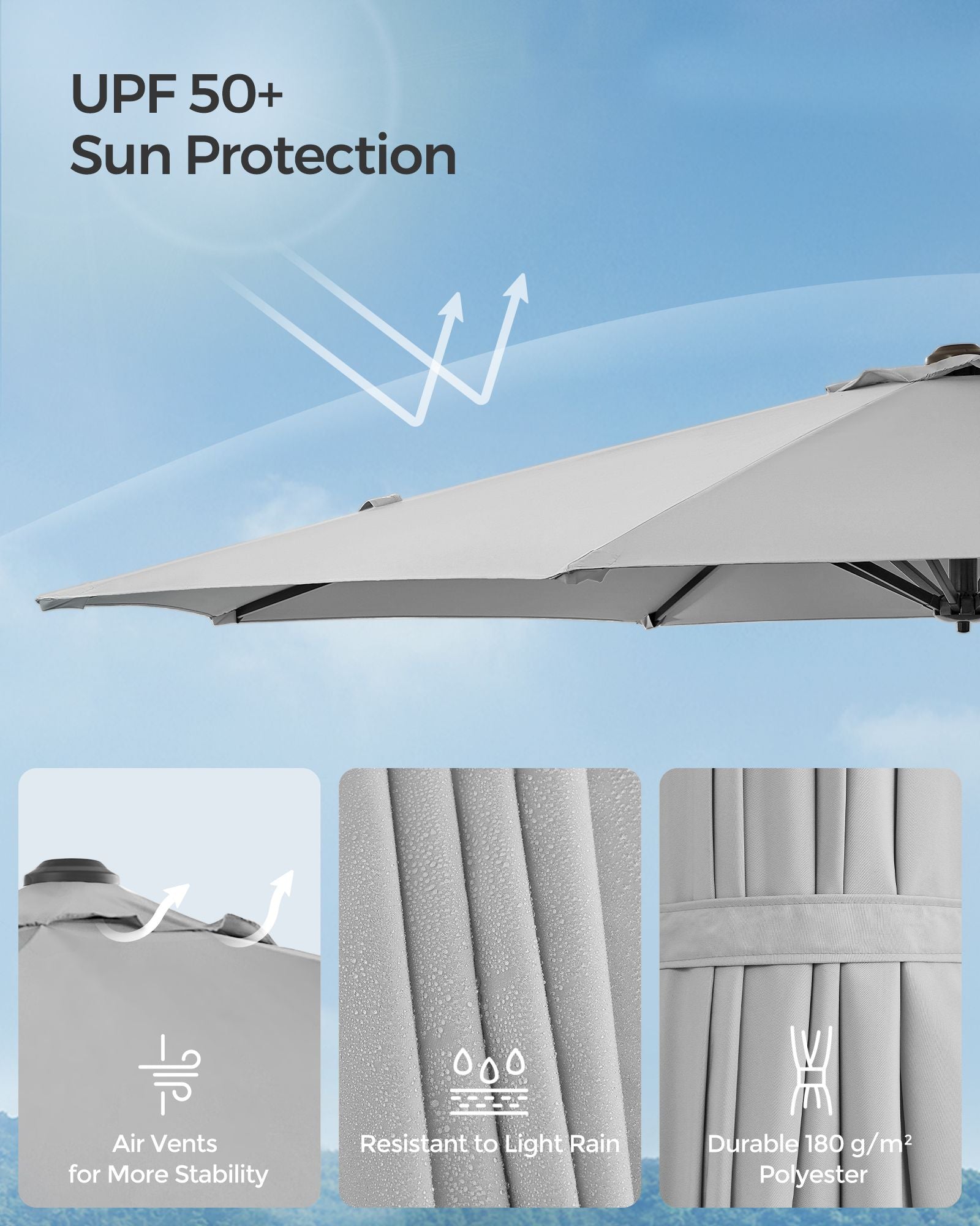 Garden Parasol – Fabric – Dove Grey – UPF 50+, 360° Swivel, Seamless Tilt, Crank Opening