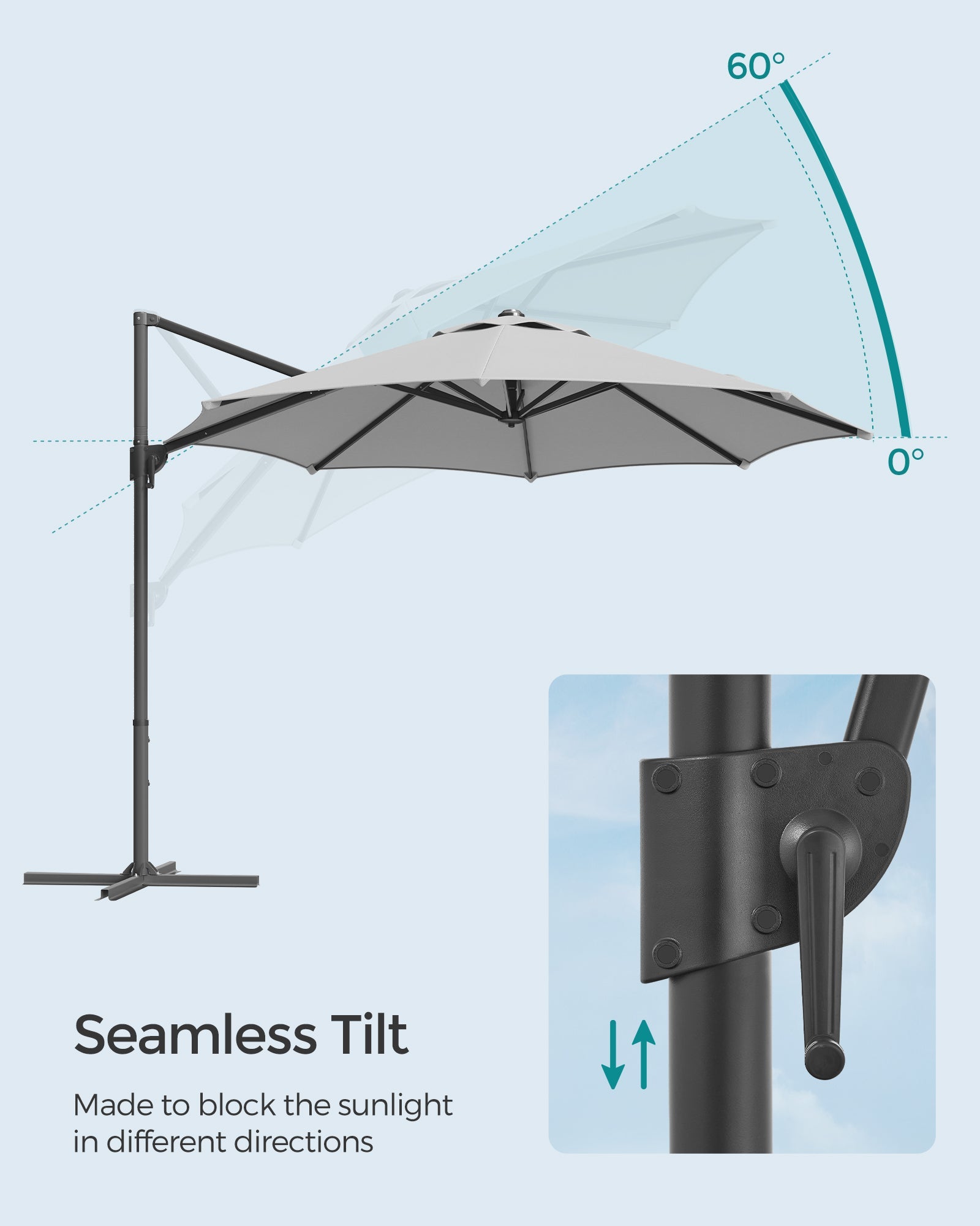Garden Parasol – Fabric – Dove Grey – UPF 50+, 360° Swivel, Seamless Tilt, Crank Opening