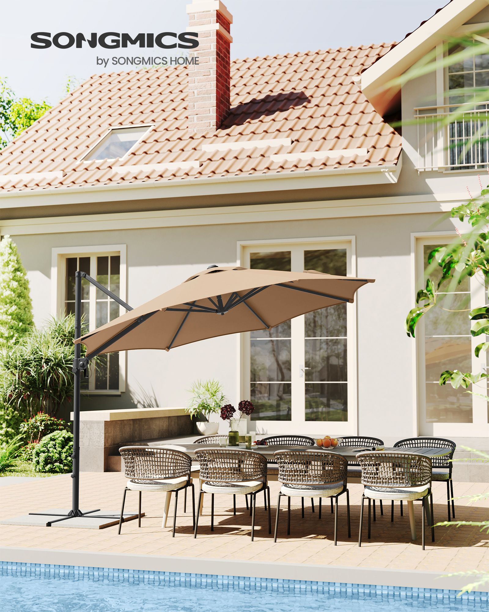 Garden Parasol – Fabric – Camel Brown – UPF 50+, 360° Swivel, Seamless Tilt, Crank Mechanism