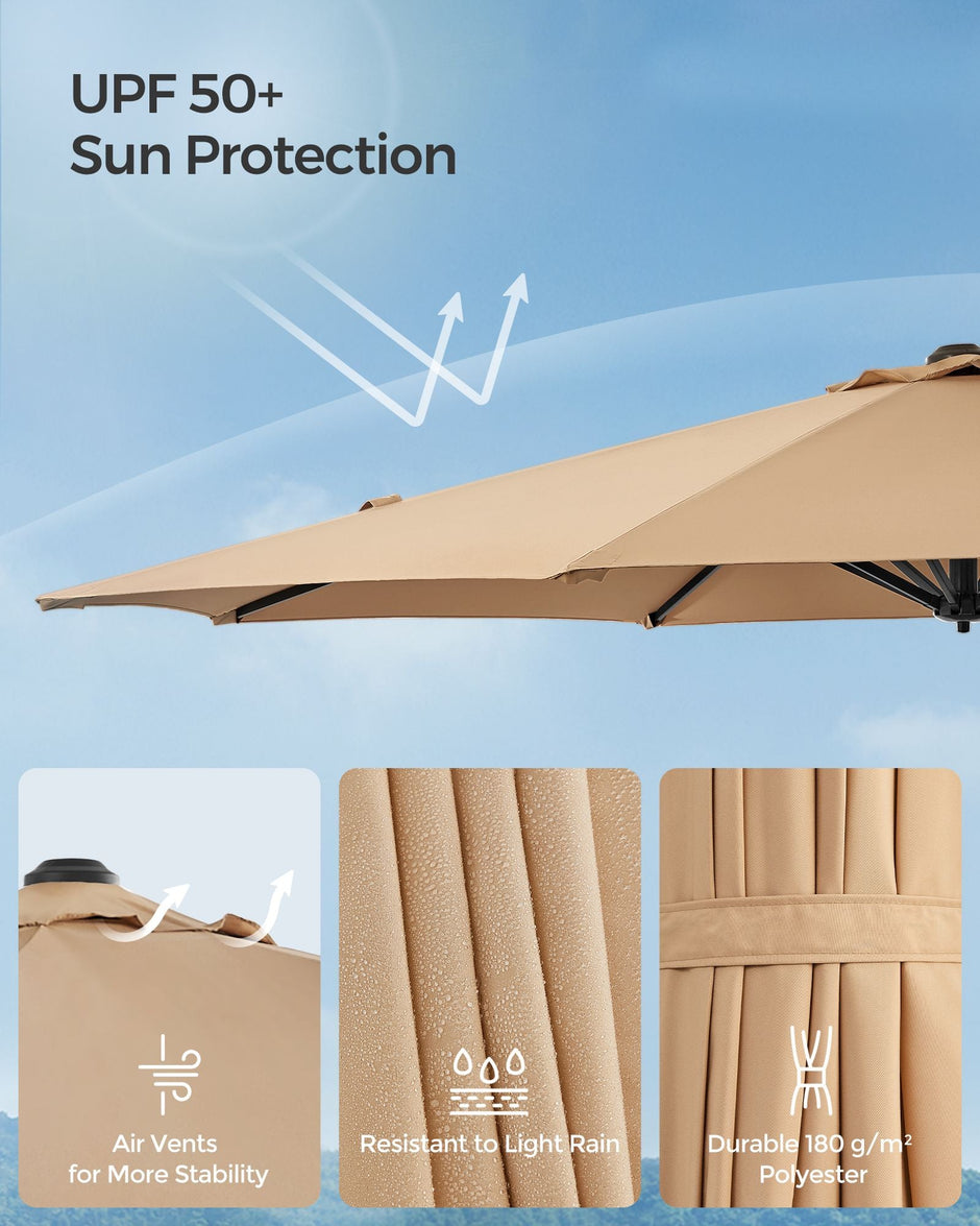 Garden Parasol – Fabric – Camel Brown – UPF 50+, 360° Swivel, Seamless Tilt, Crank Mechanism