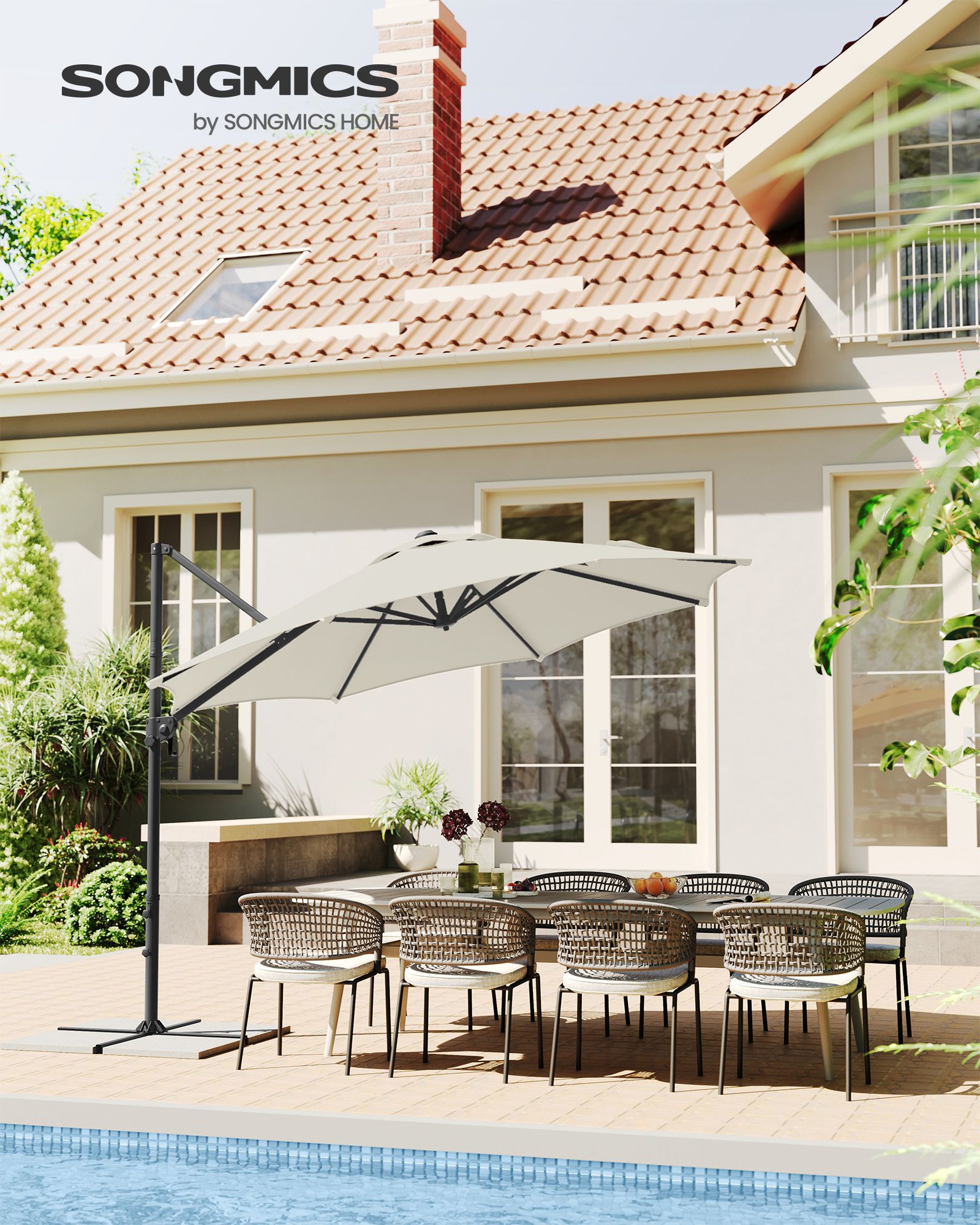 Garden Parasol – Fabric – Cream White – UPF 50+, 360° Swivel, Seamless Tilt, Crank Mechanism