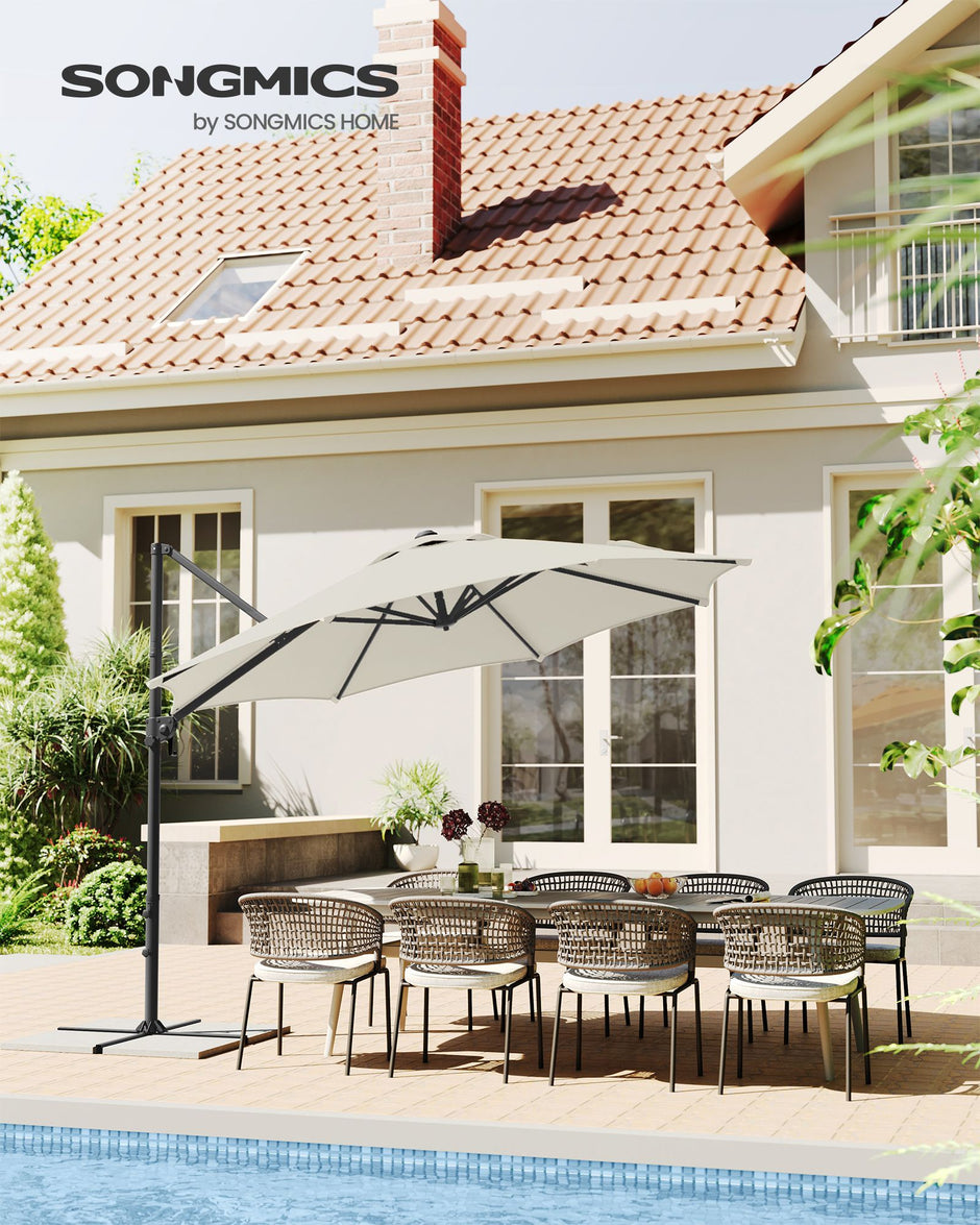 Garden Parasol – Fabric – Cream White – UPF 50+, 360° Swivel, Seamless Tilt, Crank Mechanism
