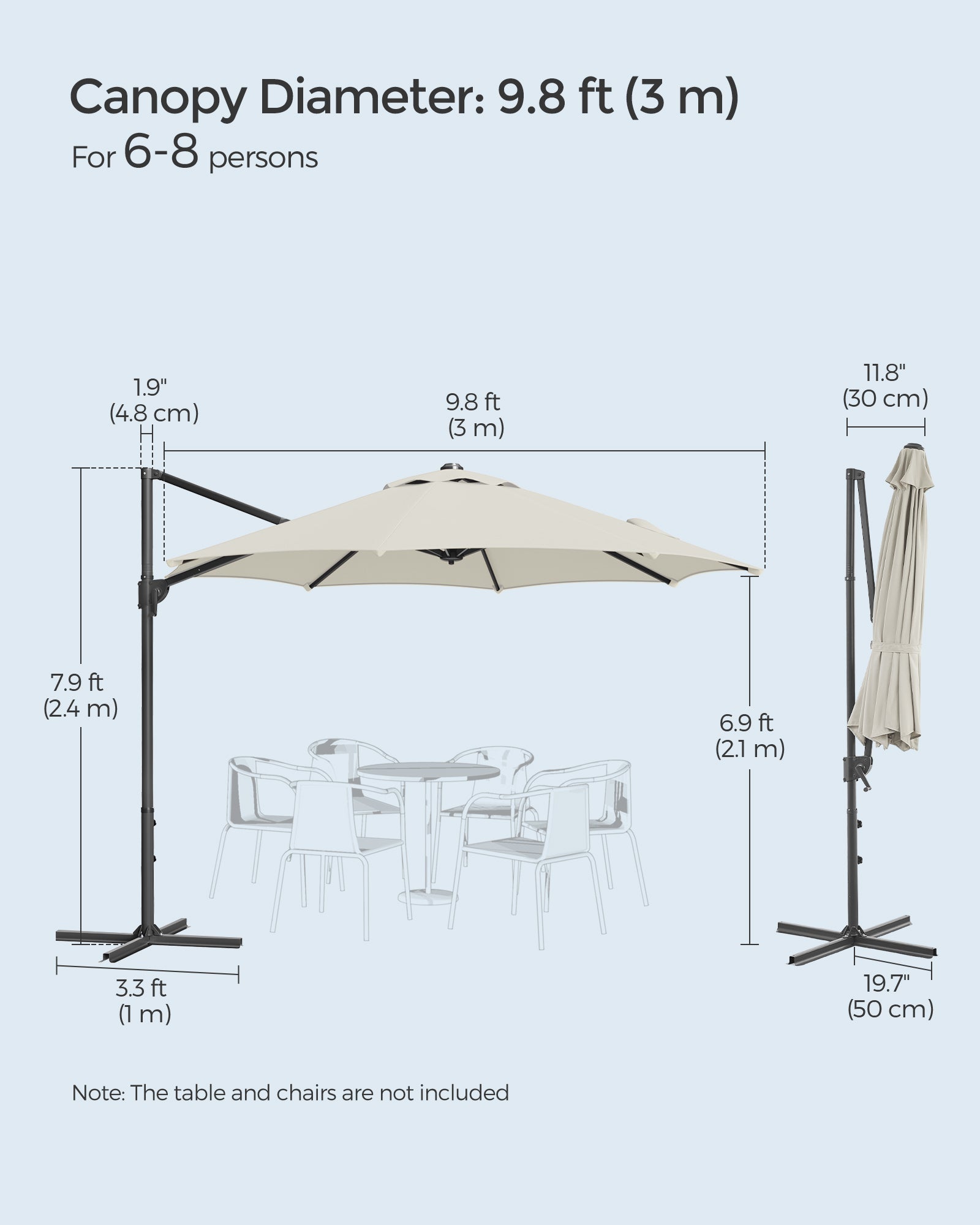Garden Parasol – Fabric – Cream White – UPF 50+, 360° Swivel, Seamless Tilt, Crank Mechanism