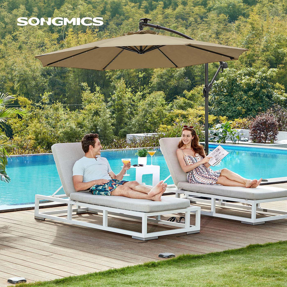 Cantilever Patio Umbrella – Fabric – Red – Solar-Powered LED Lights, UPF 50+ Protection, Crank Mechanism