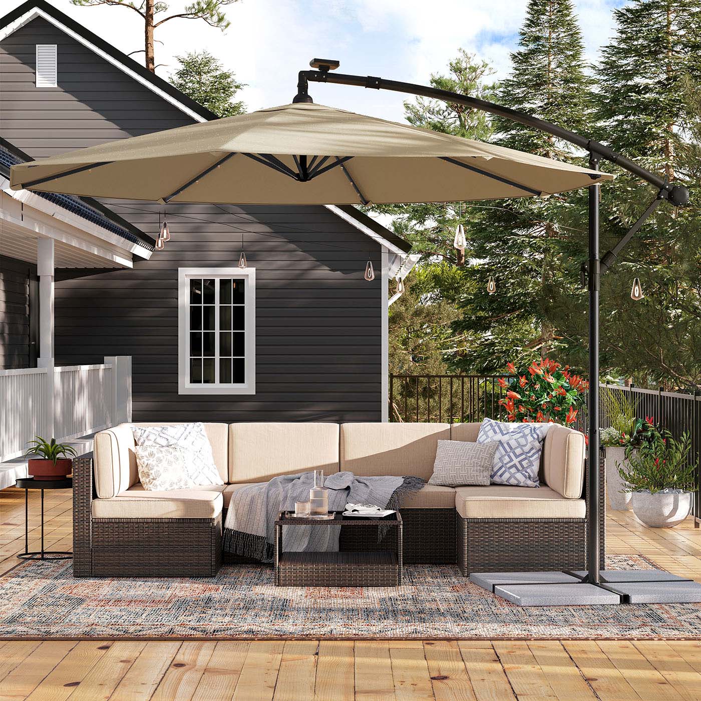 Cantilever Patio Umbrella – Fabric – Red – Solar-Powered LED Lights, UPF 50+ Protection, Crank Mechanism