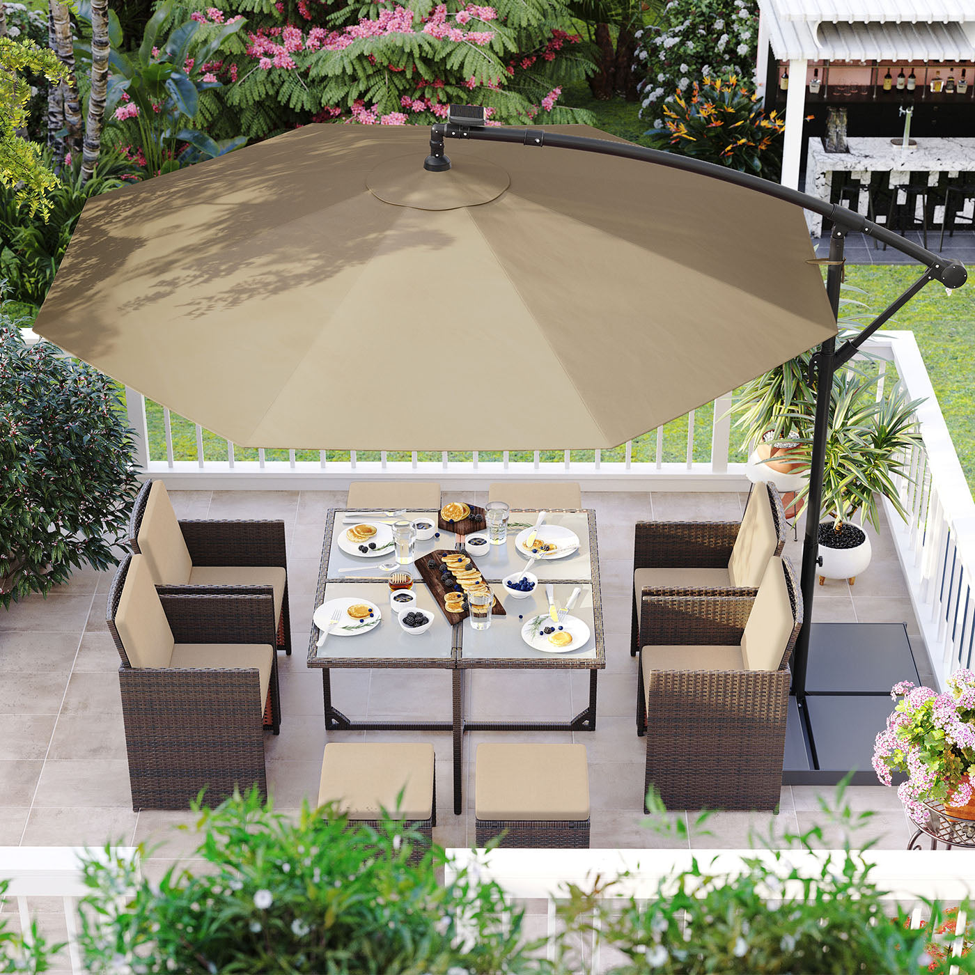 Cantilever Patio Umbrella – Fabric – Red – Solar-Powered LED Lights, UPF 50+ Protection, Crank Mechanism