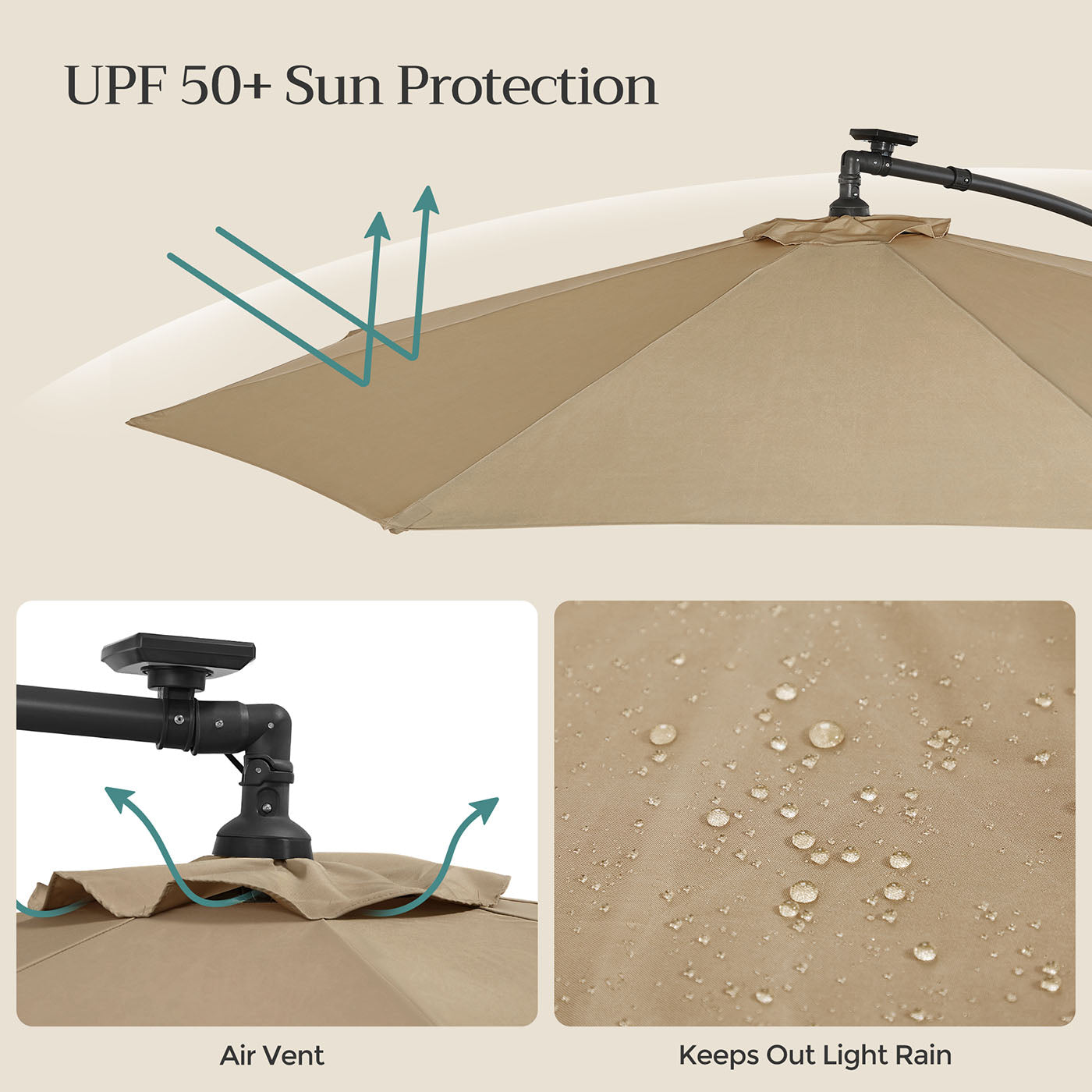 Cantilever Patio Umbrella – Fabric – Red – Solar-Powered LED Lights, UPF 50+ Protection, Crank Mechanism