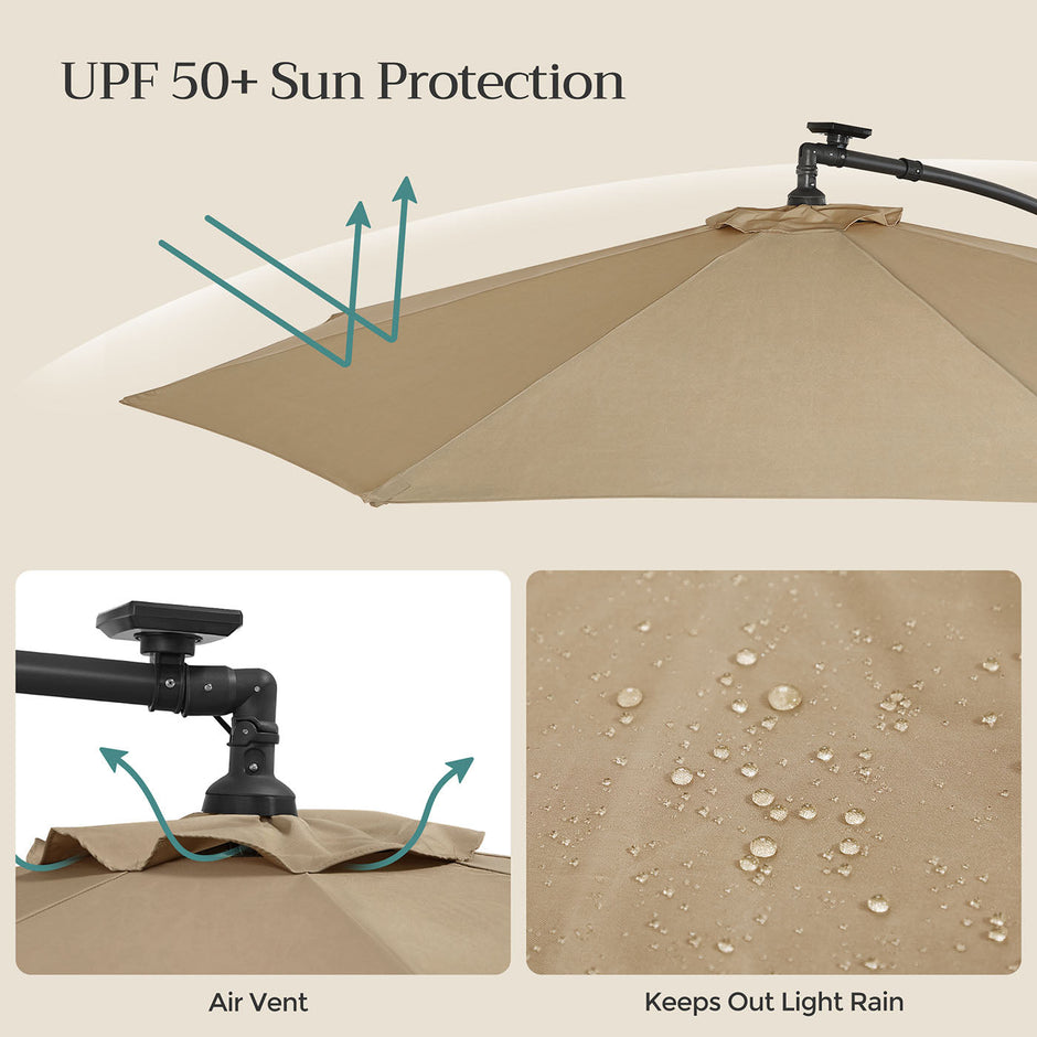 Cantilever Patio Umbrella – Fabric – Red – Solar-Powered LED Lights, UPF 50+ Protection, Crank Mechanism