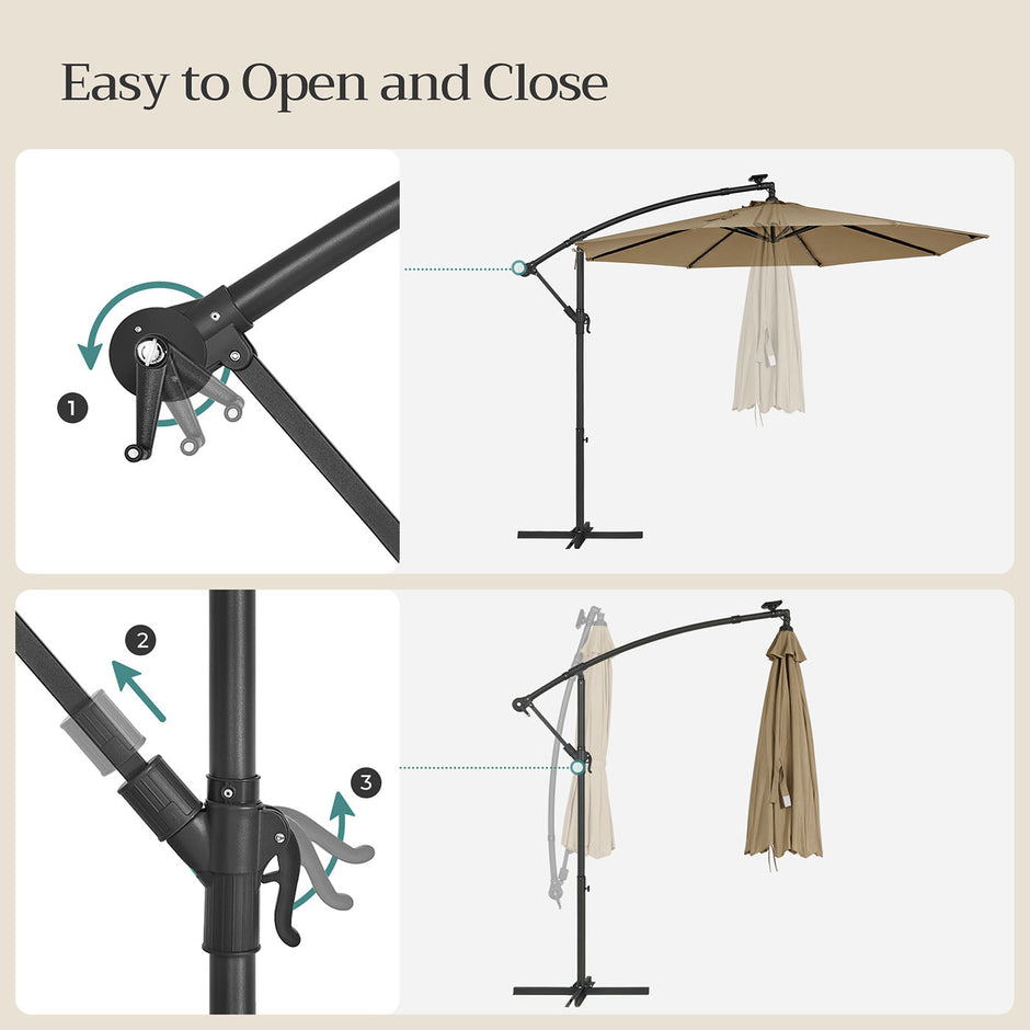 Cantilever Patio Umbrella – Fabric – Red – Solar-Powered LED Lights, UPF 50+ Protection, Crank Mechanism