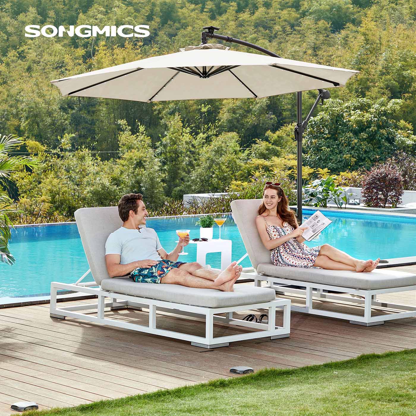 Cantilever Garden Parasol – Fabric – Red – Solar-Powered LED Lights, UPF 50+ Protection