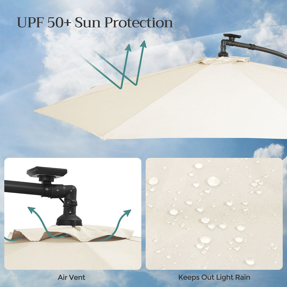 Cantilever Garden Parasol – Fabric – Red – Solar-Powered LED Lights, UPF 50+ Protection