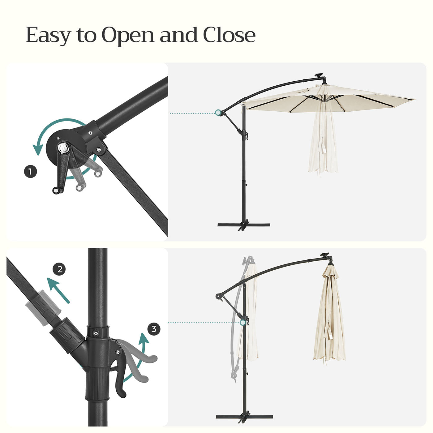 Cantilever Garden Parasol – Fabric – Red – Solar-Powered LED Lights, UPF 50+ Protection