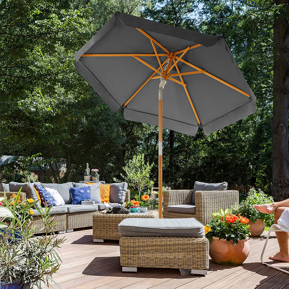 Wooden Patio Umbrella – Wood – Beige – UV Protection UPF 50+ with Tilt Feature