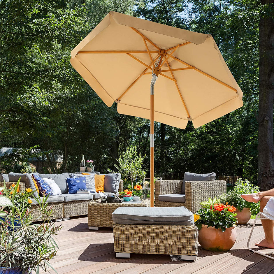 Garden Parasol – Wood – Beige – 2m with UPF 50+ Protection and Tilt Feature