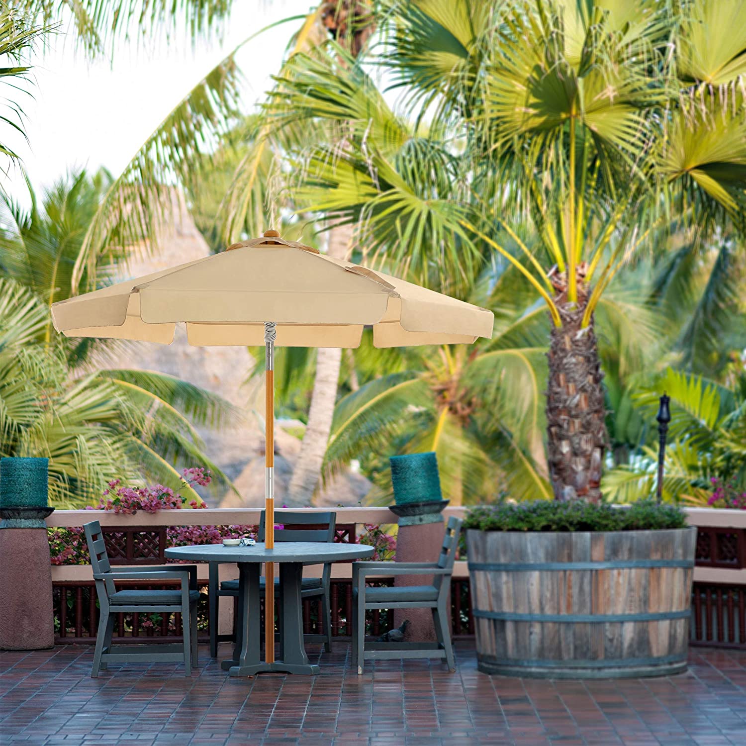 Garden Parasol – Wood – Beige – 2m with UPF 50+ Protection and Tilt Feature