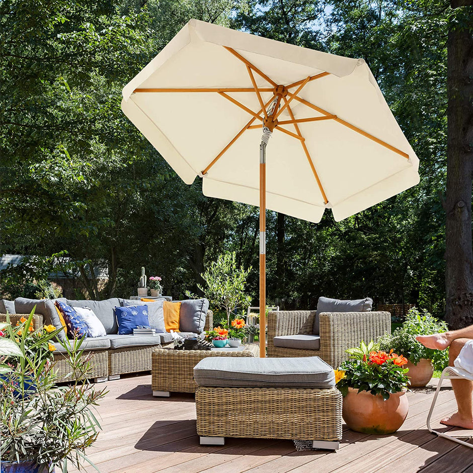 Garden Parasol – Wooden – Beige – 2m with UPF 50+ Protection and Tilt Feature