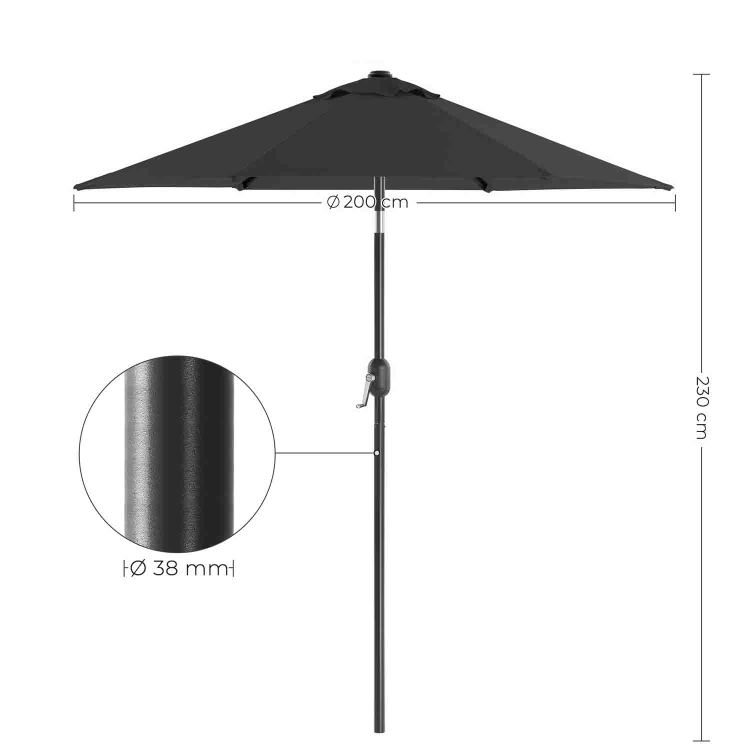 Adjustable Parasol Umbrella – Metal – Grey – 2 m with UPF 50+ Protection and Tiltable Feature