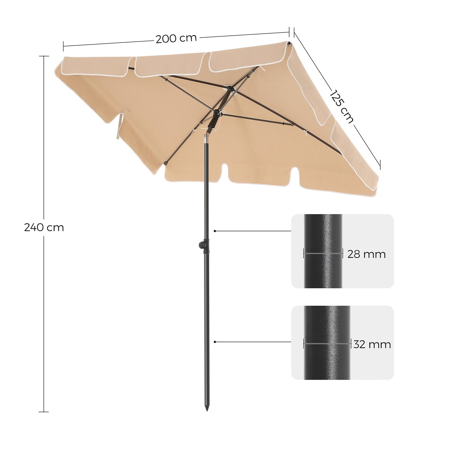 Rectangular Garden Parasol – Polyester – Taupe – UV50+ with Tilt Mechanism and Carry Bag