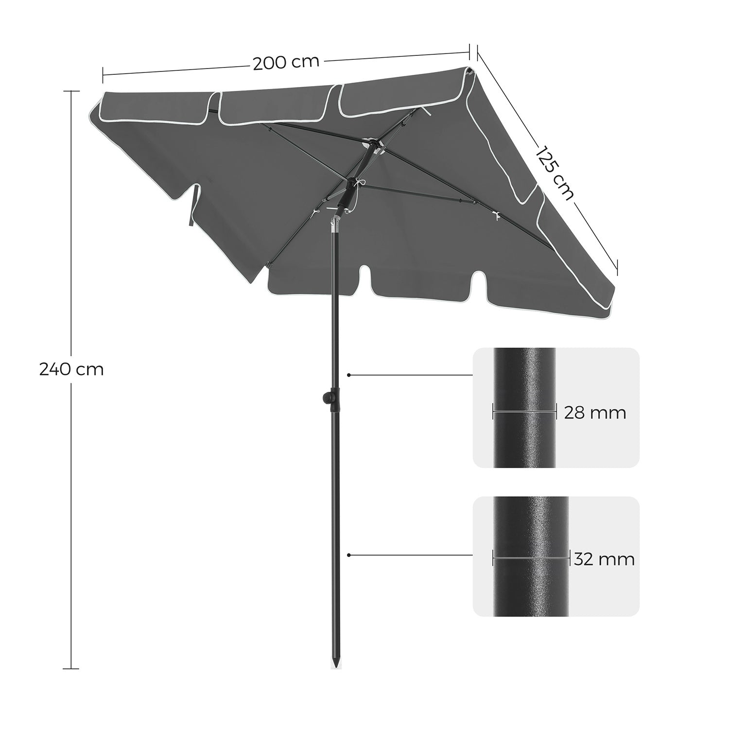 Rectangular Parasol – Polyester – Grey – Adjustable with Tilt Mechanism and Carry Bag