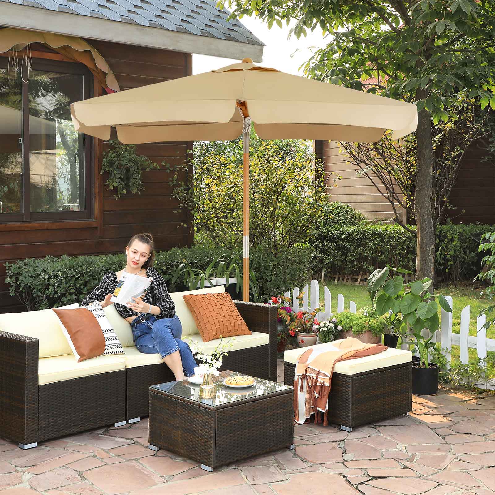 Rectangular Parasol – Wooden – Taupe – Tilt Mechanism for Patio and Balcony