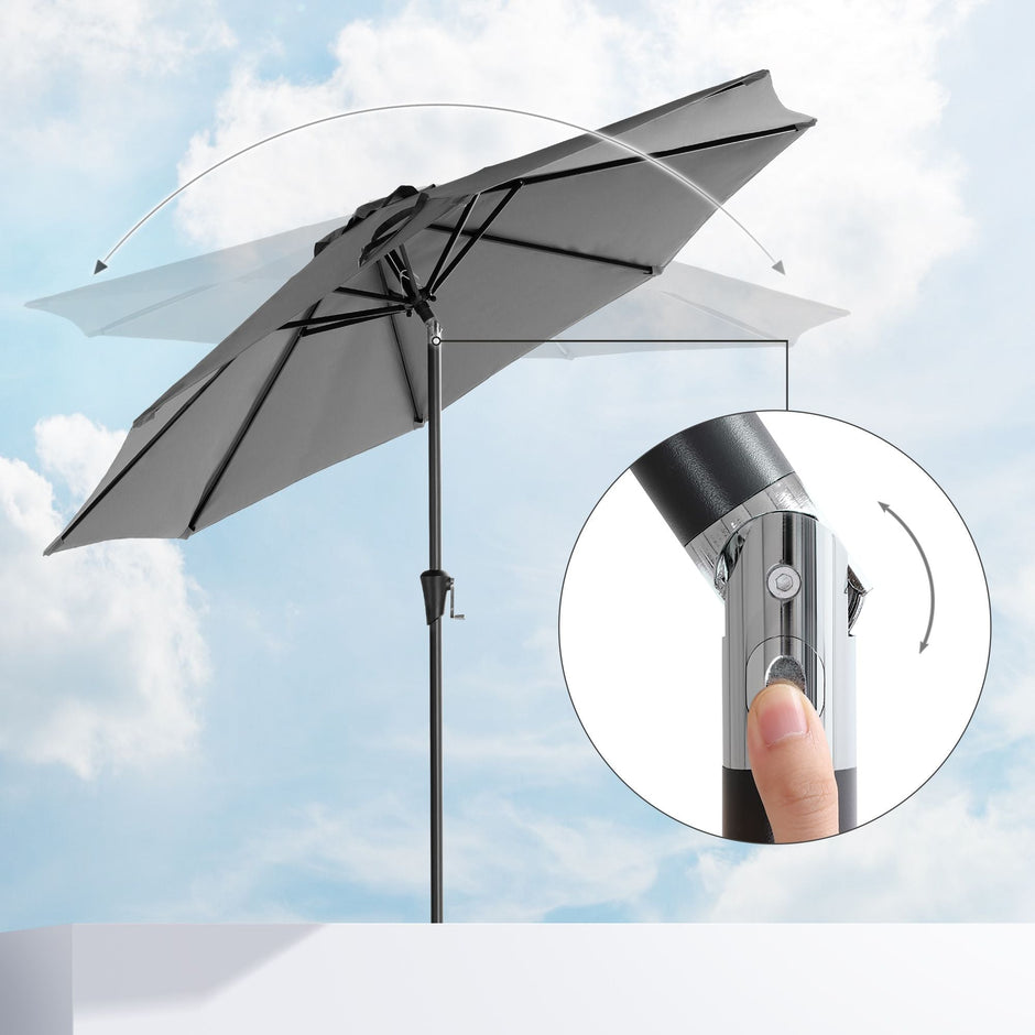 Garden Parasol Umbrella – Polyester – Grey – UPF 50+, Tilt and Crank Mechanism