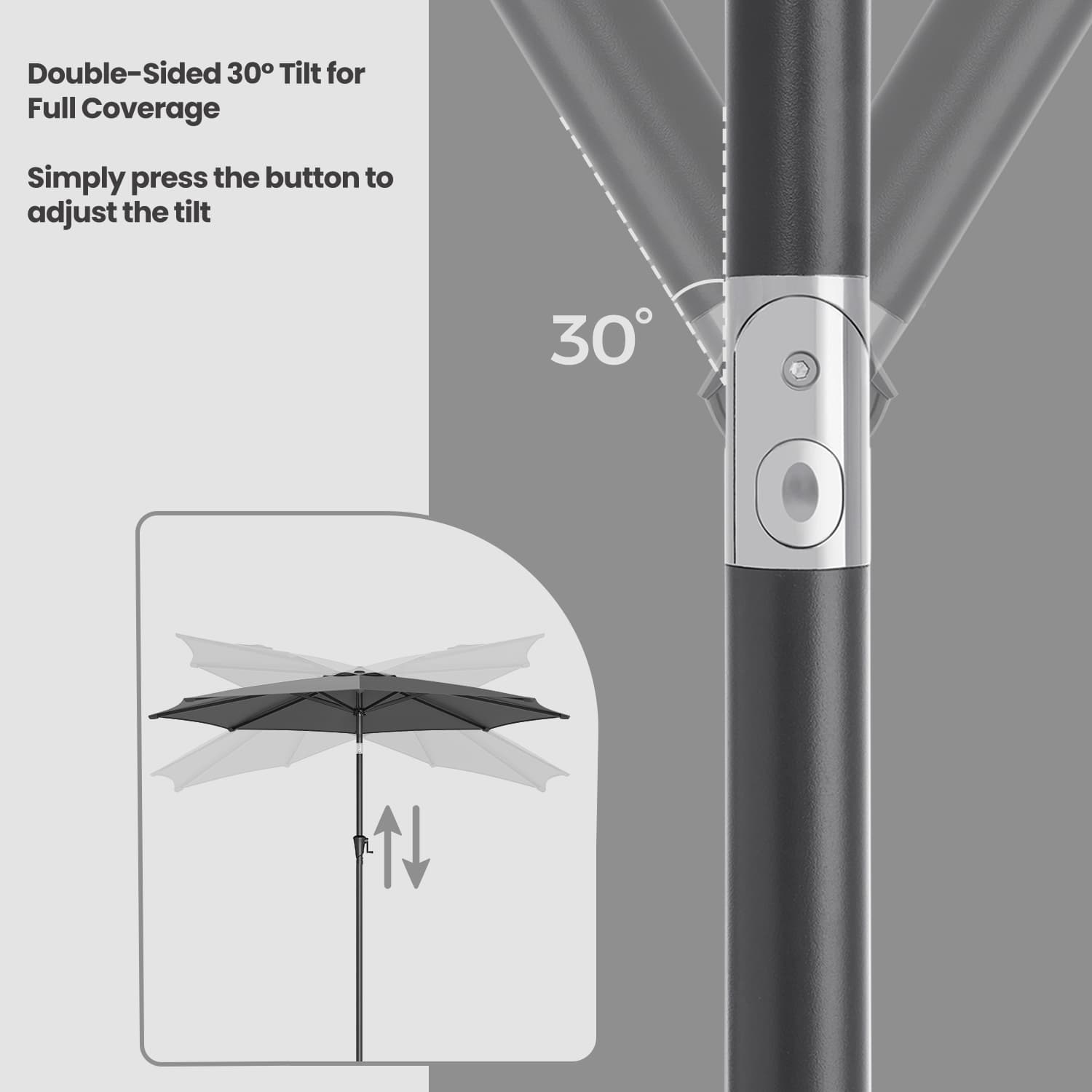 Outdoor Umbrella – Fabric – Grey – UPF 50+ Sun Shade with Double-Sided 30° Tilt