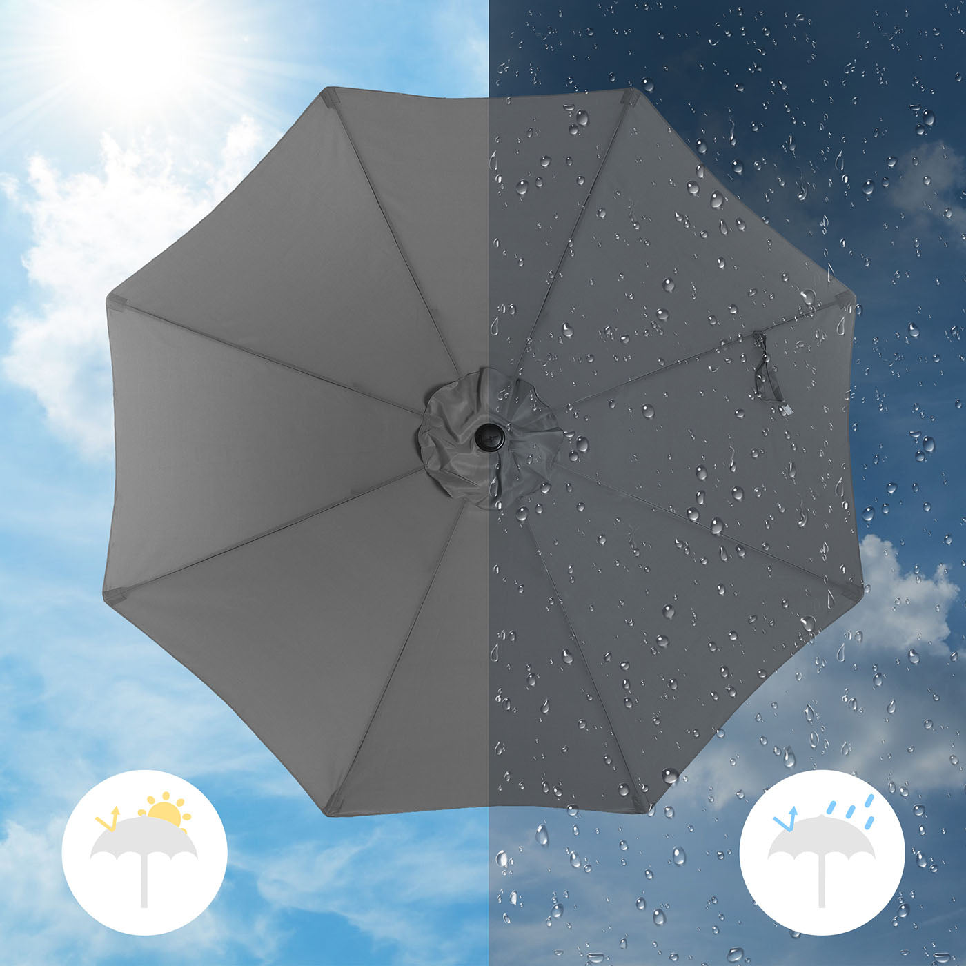 Outdoor Parasol – Polyester – Grey – UV50+, Octagonal Canopy with Tilt and Crank Mechanism, Ø 300 cm